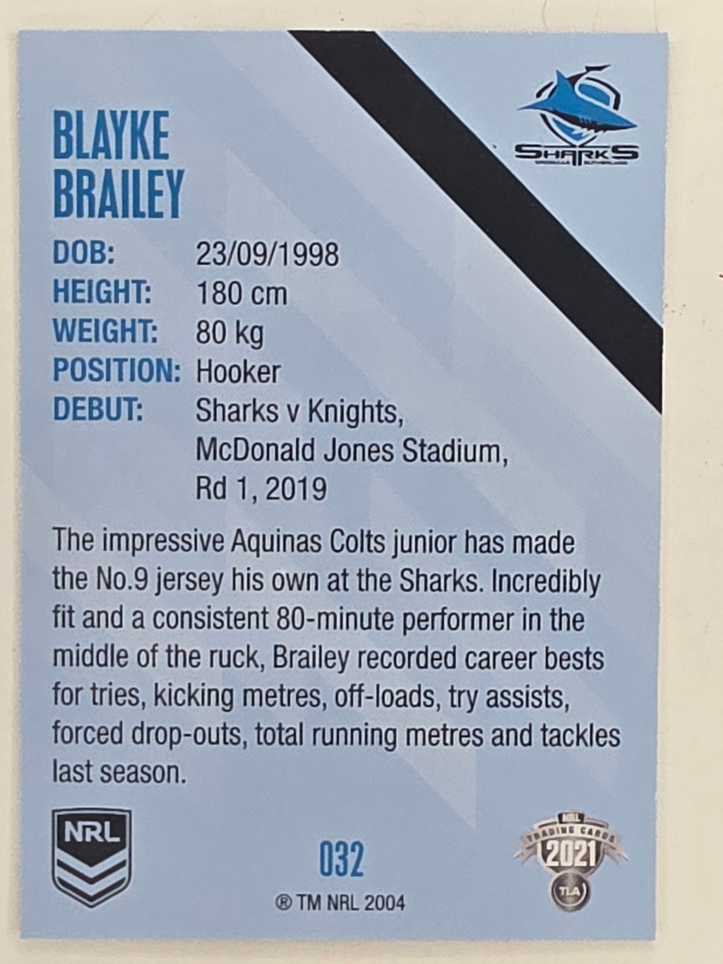 NRL 2021 Traders Base Card #032 Blayke Brailey Cronulla Sutherland Sharks
