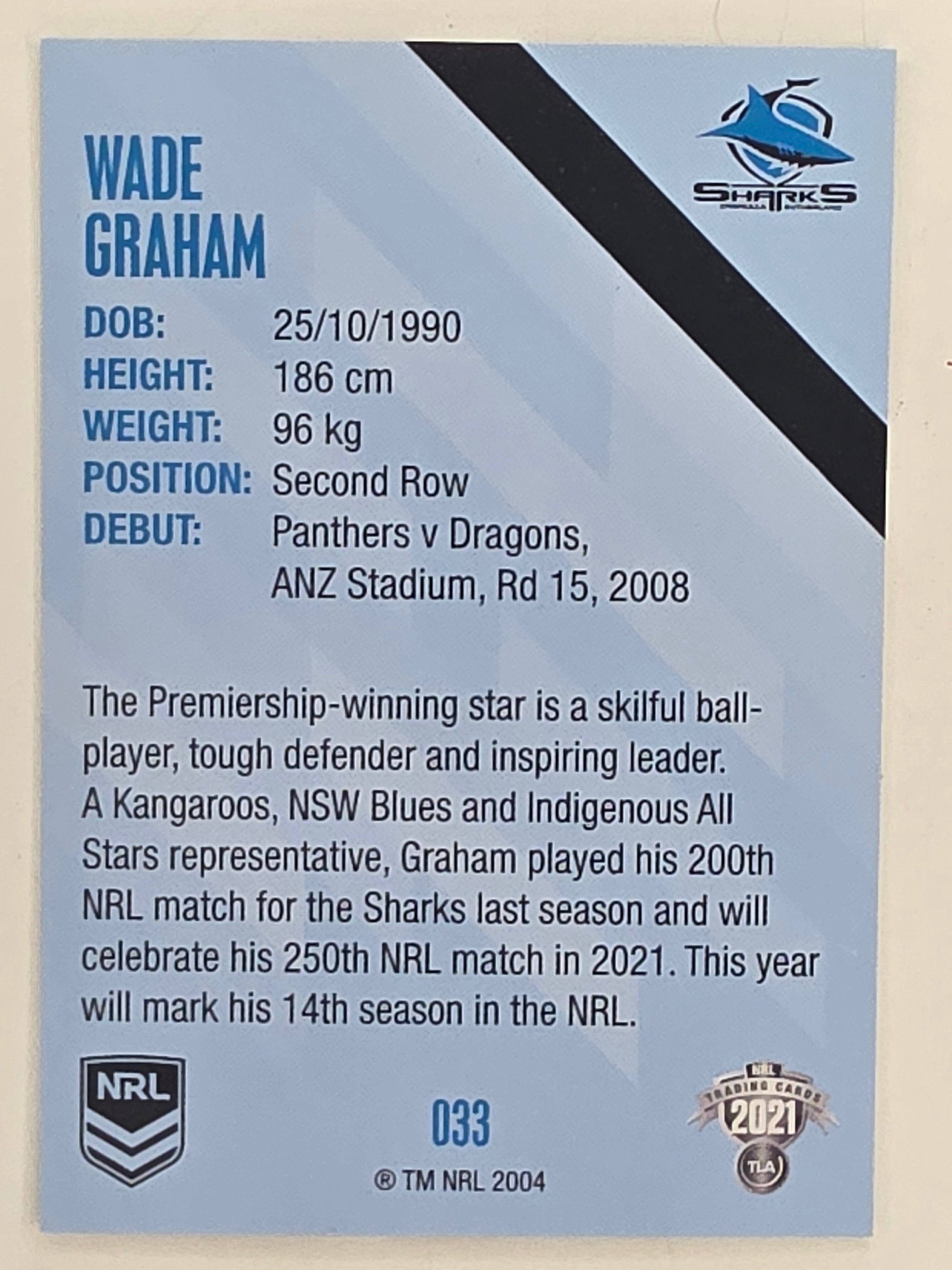 NRL 2021 Traders Base Card #033 Wade Graham Cronulla Sutherland Sharks
