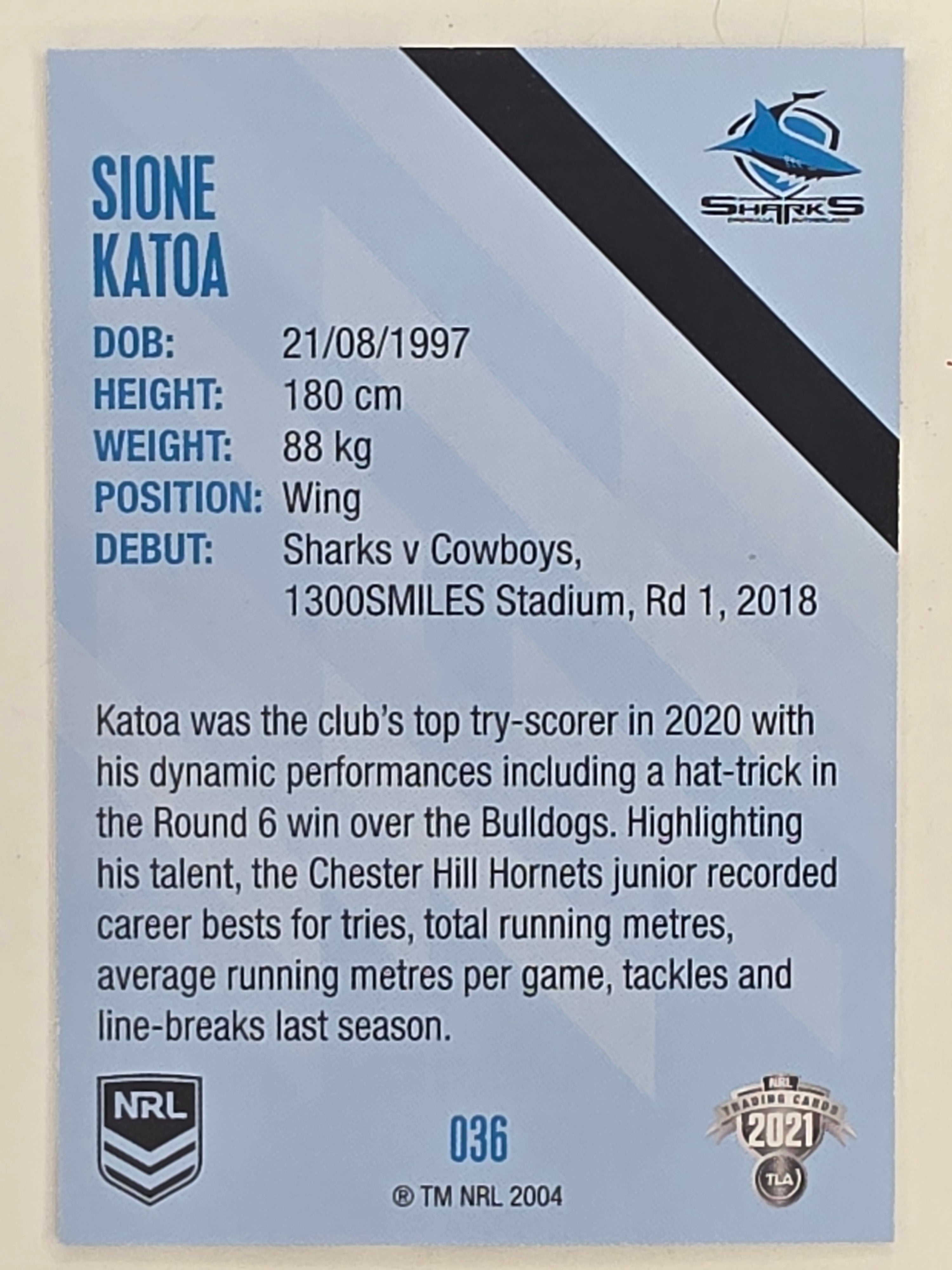 NRL 2021 Traders Base Card #036 Sione Katoa Cronulla Sutherland Sharks