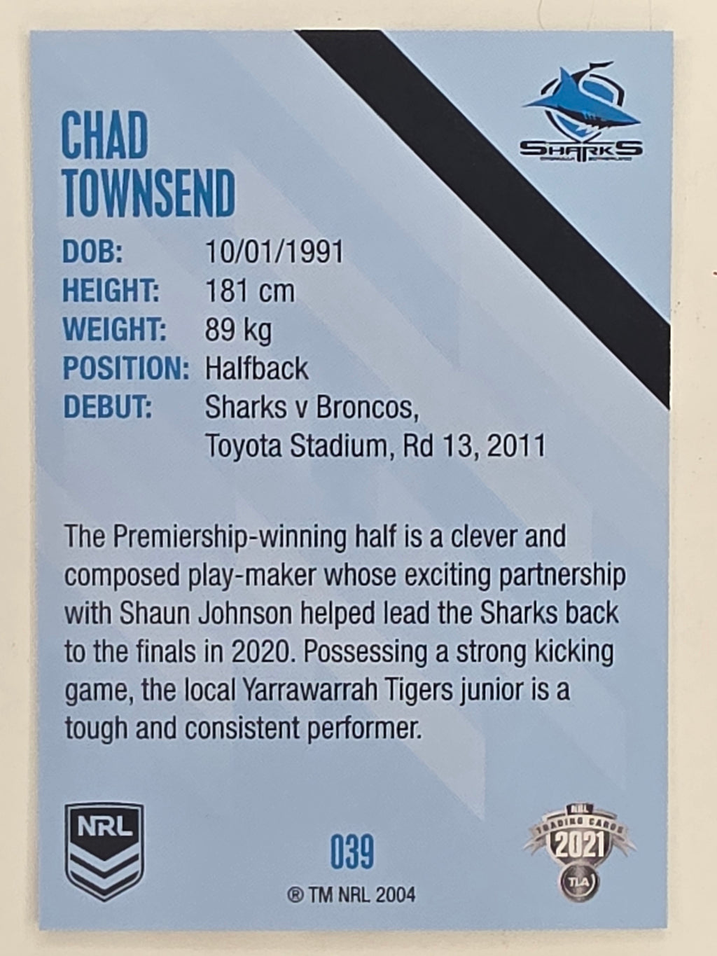 NRL 2021 Traders Base Card #039 Chad Townsend Cronulla Sutherland Sharks
