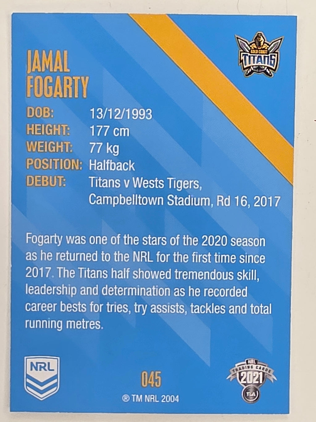 NRL 2021 Traders Base Card #045 Jamal Fogarty Gold Coast Titans