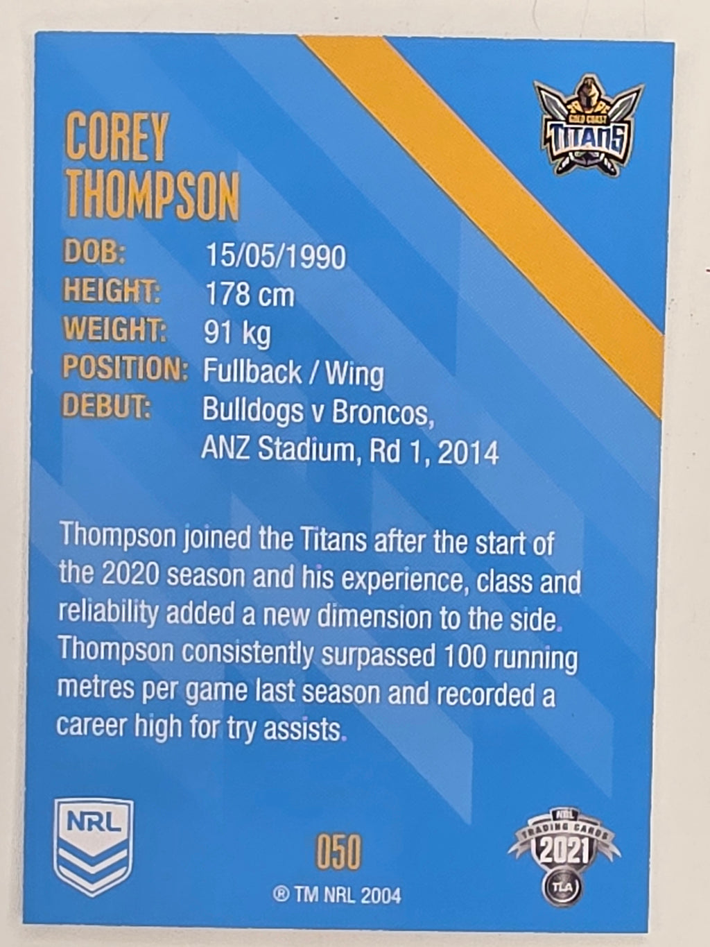 NRL 2021 Traders Base Card #050 Corey Thompson Gold Coast Titans