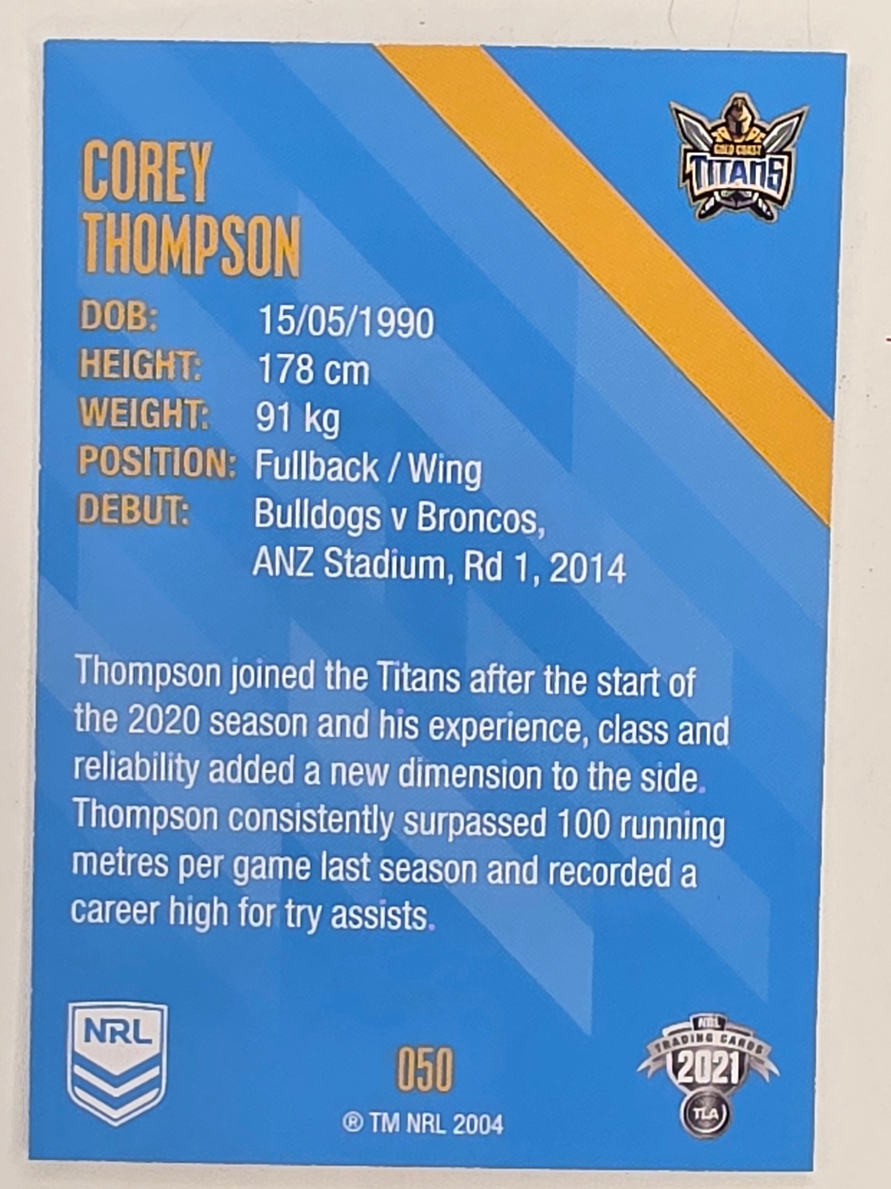 NRL 2021 Traders Base Card #050 Corey Thompson Gold Coast Titans