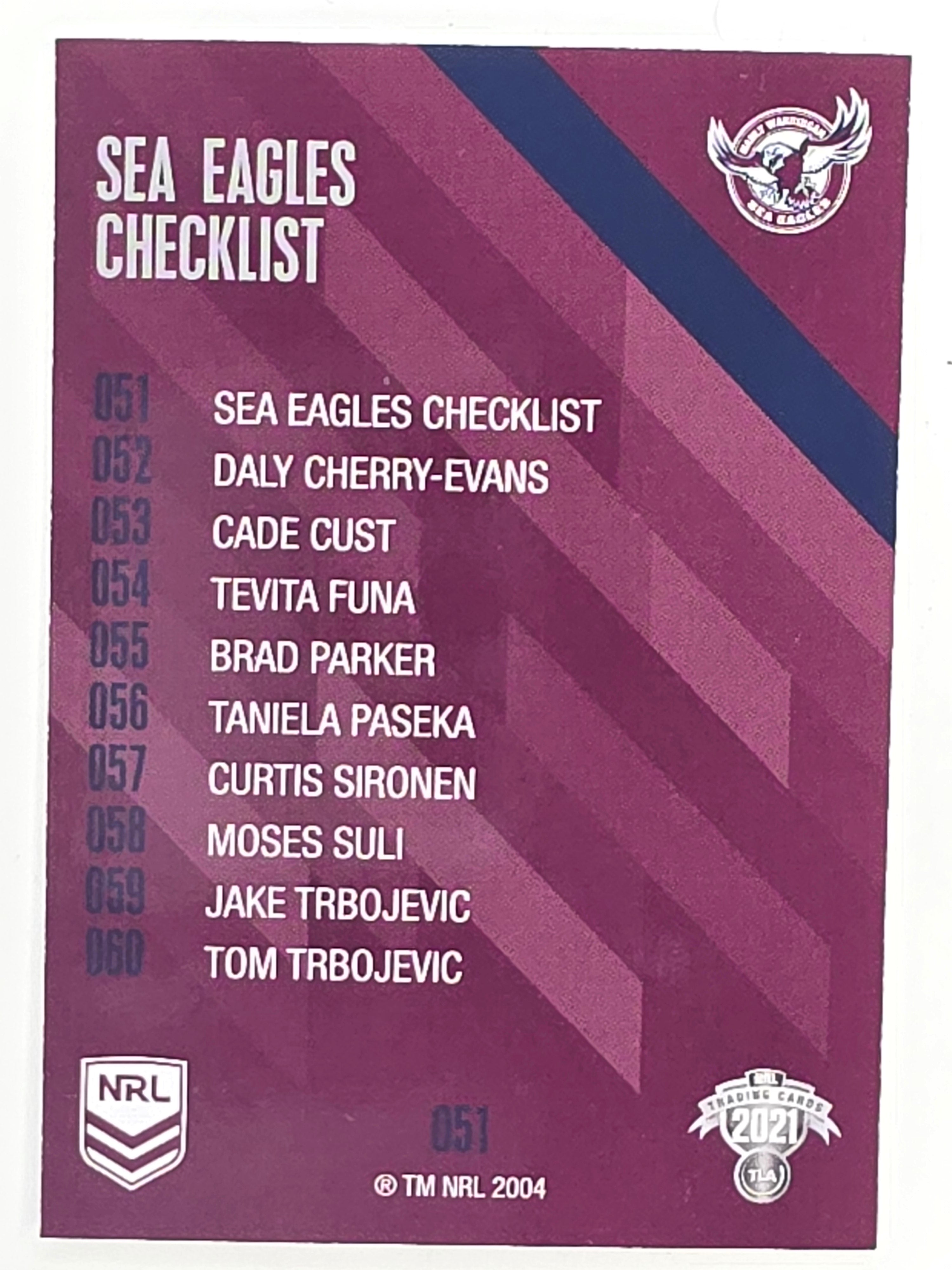 NRL 2021 Traders Base Card #051 Sea Eagles Checklist Manly Warringah Sea Eagles