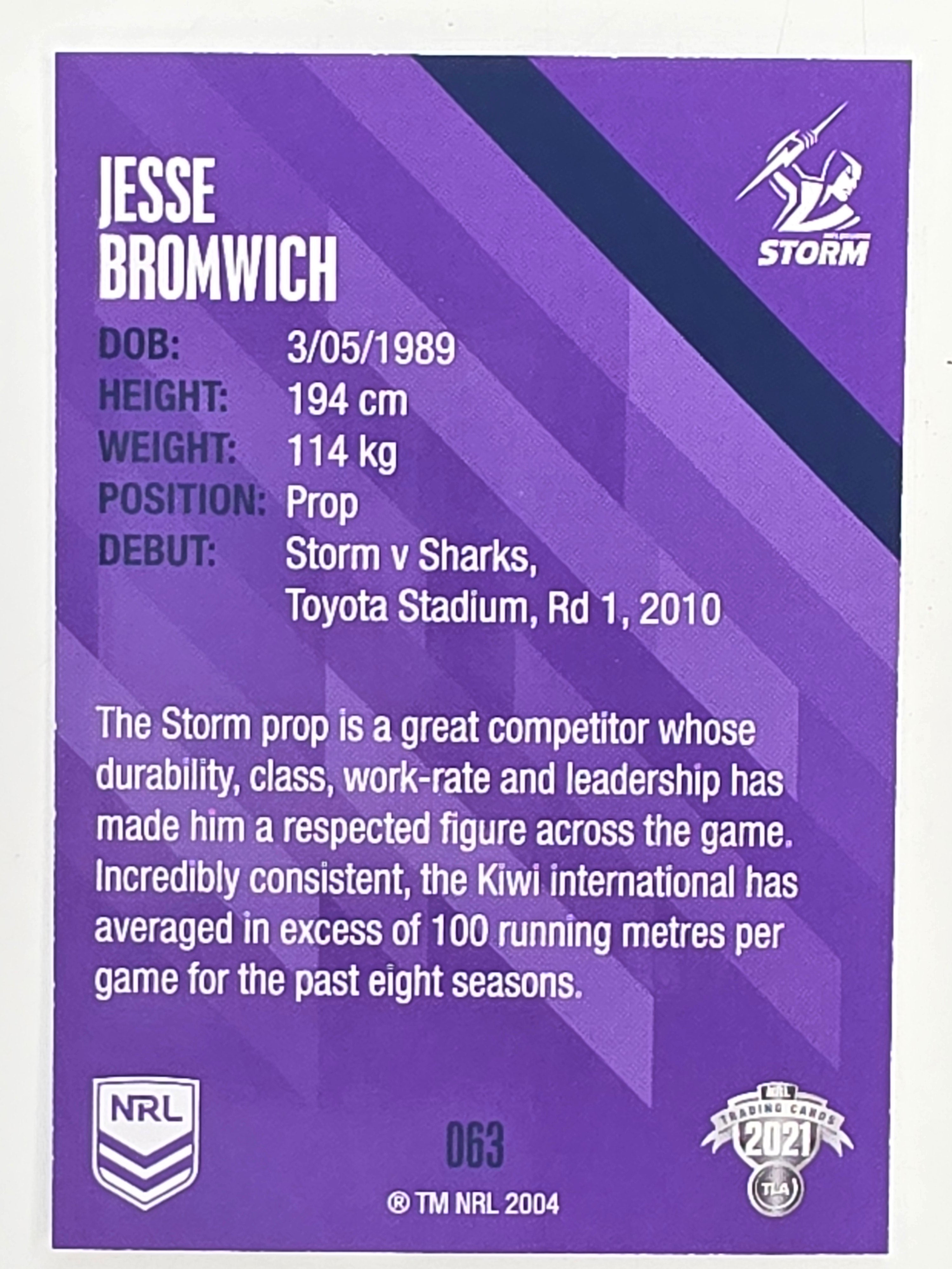 NRL 2021 Traders Base Card #063 Jesse Bromwich Melbourne Storm