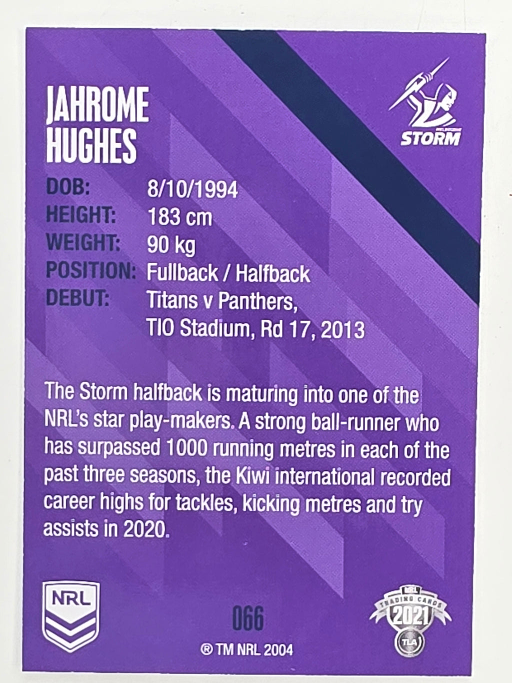 NRL 2021 Traders Base Card #066 Jahrome Hughes Melbourne Storm