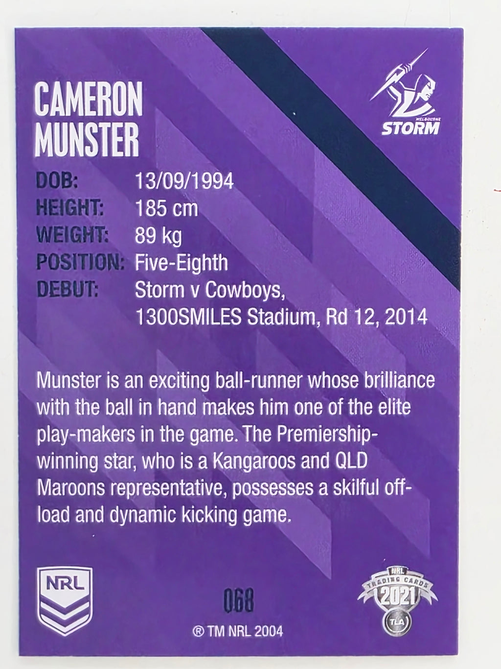 NRL 2021 Traders Base Card #068 Cameron Munster Melbourne Storm