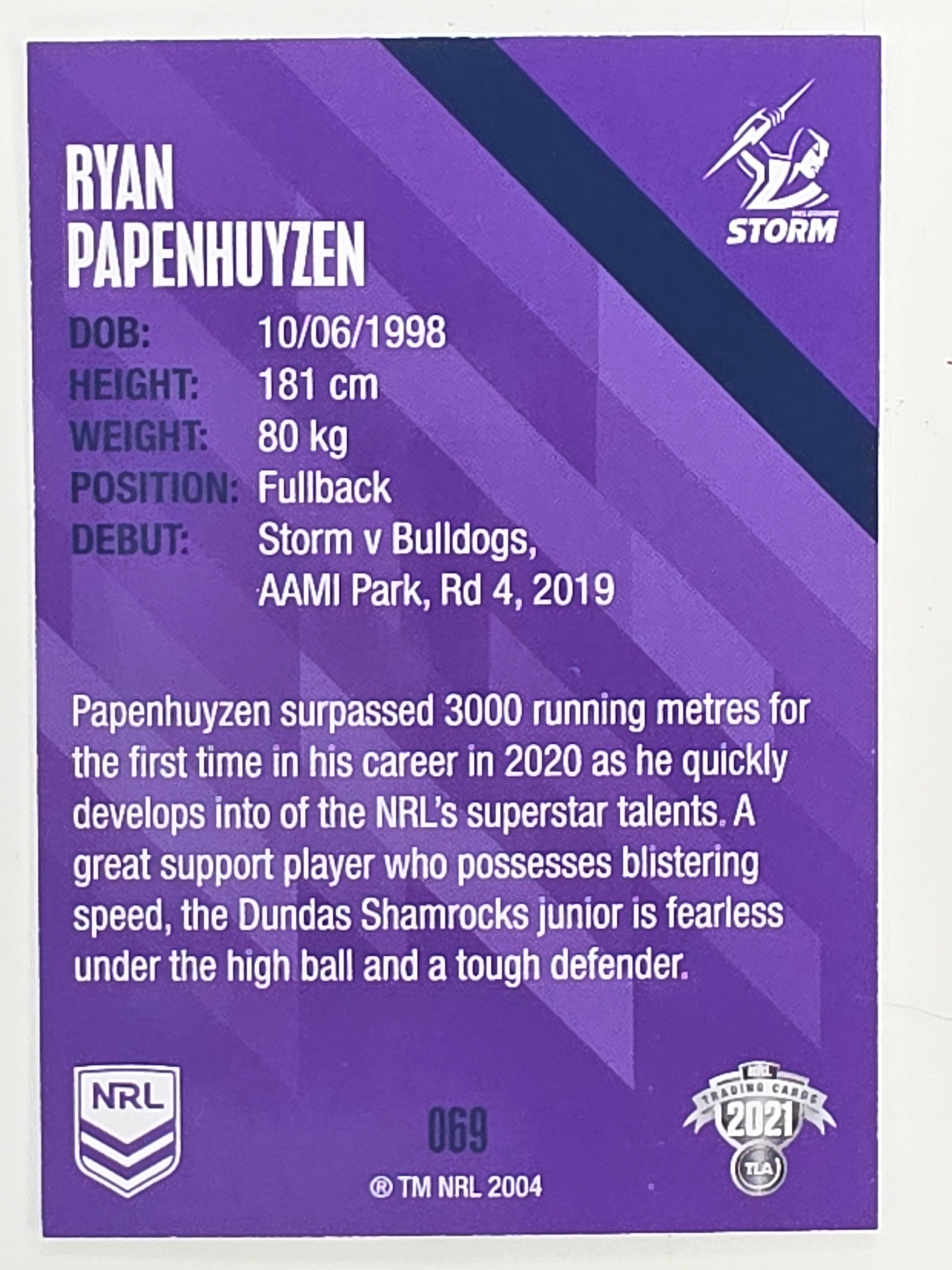 NRL 2021 Traders Base Card #069 Ryan Papenhuyzen Melbourne Storm