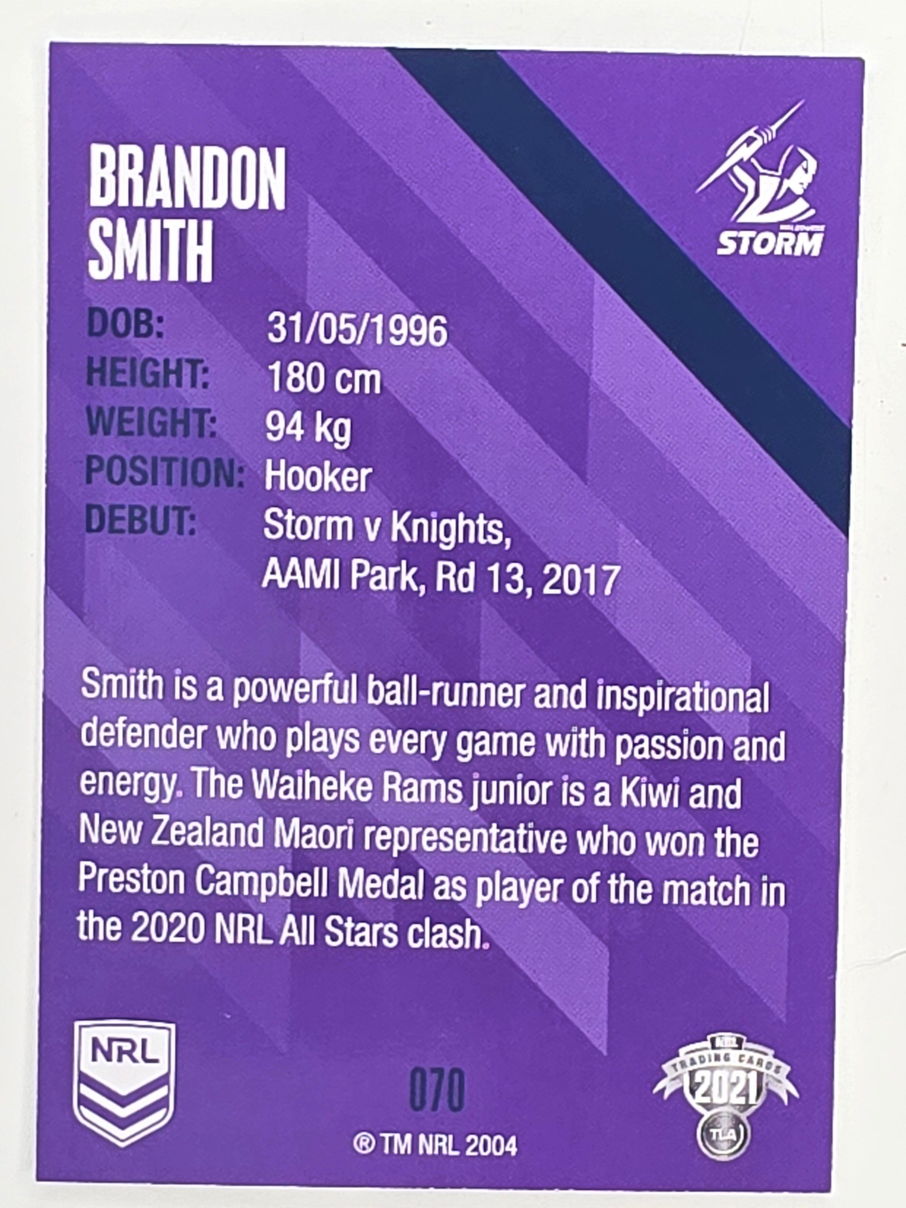 NRL 2021 Traders Base Card #070 Brandon Smith Melbourne Storm