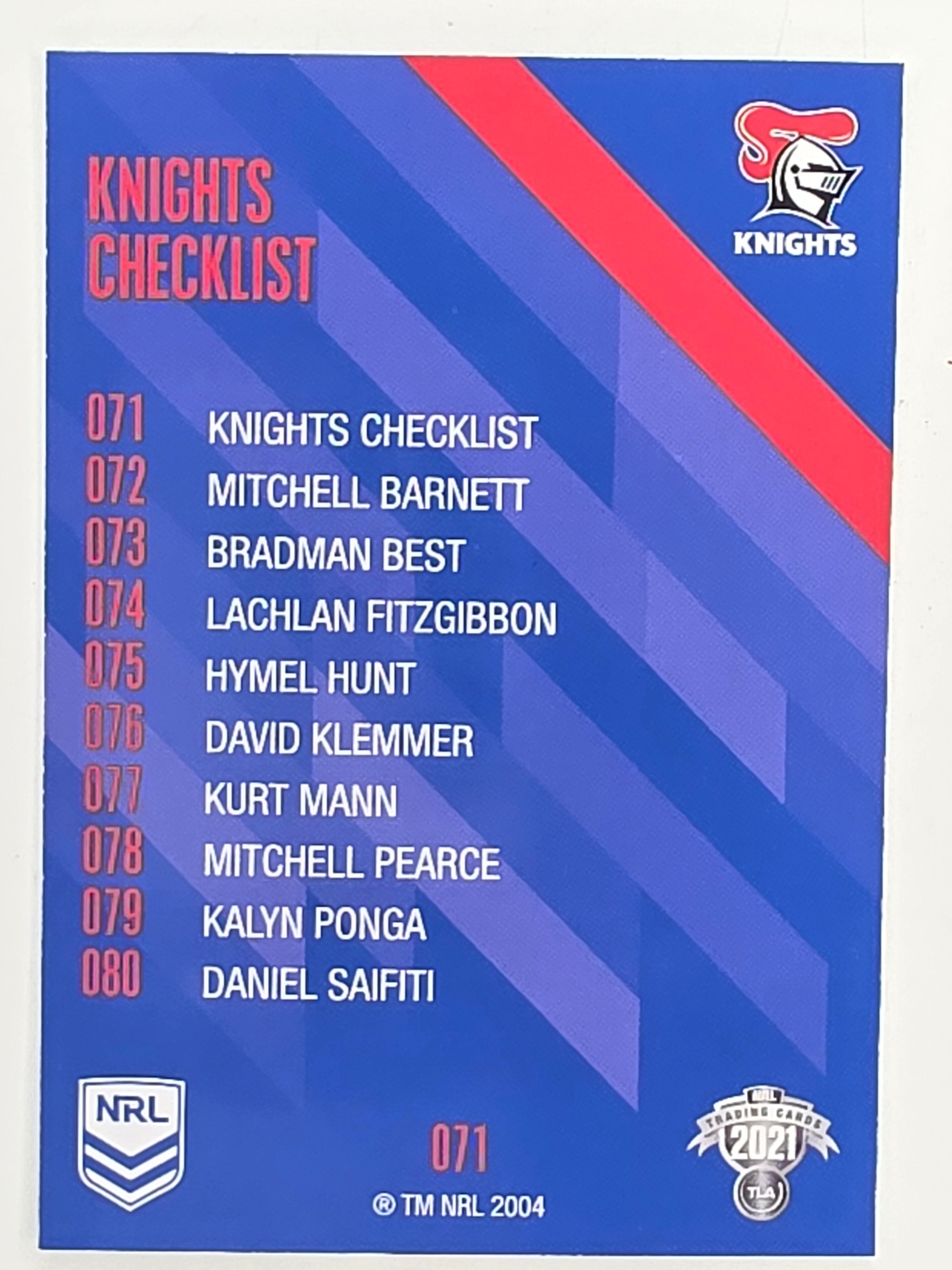 NRL 2021 Traders Base Card #071 Knights Checklist Newcastle Knights