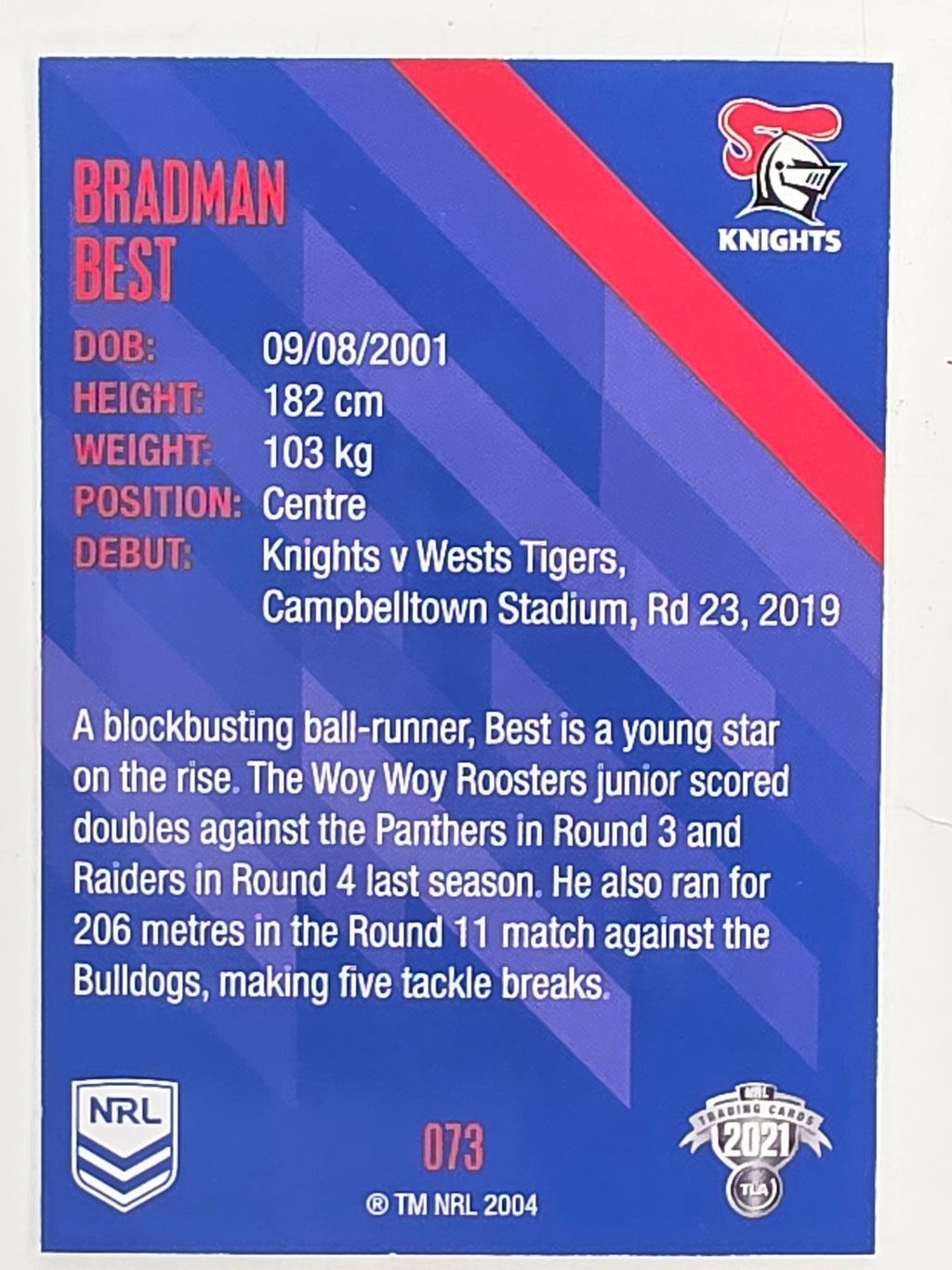 NRL 2021 Traders Base Card #073 Bradman Best Newcastle Knights