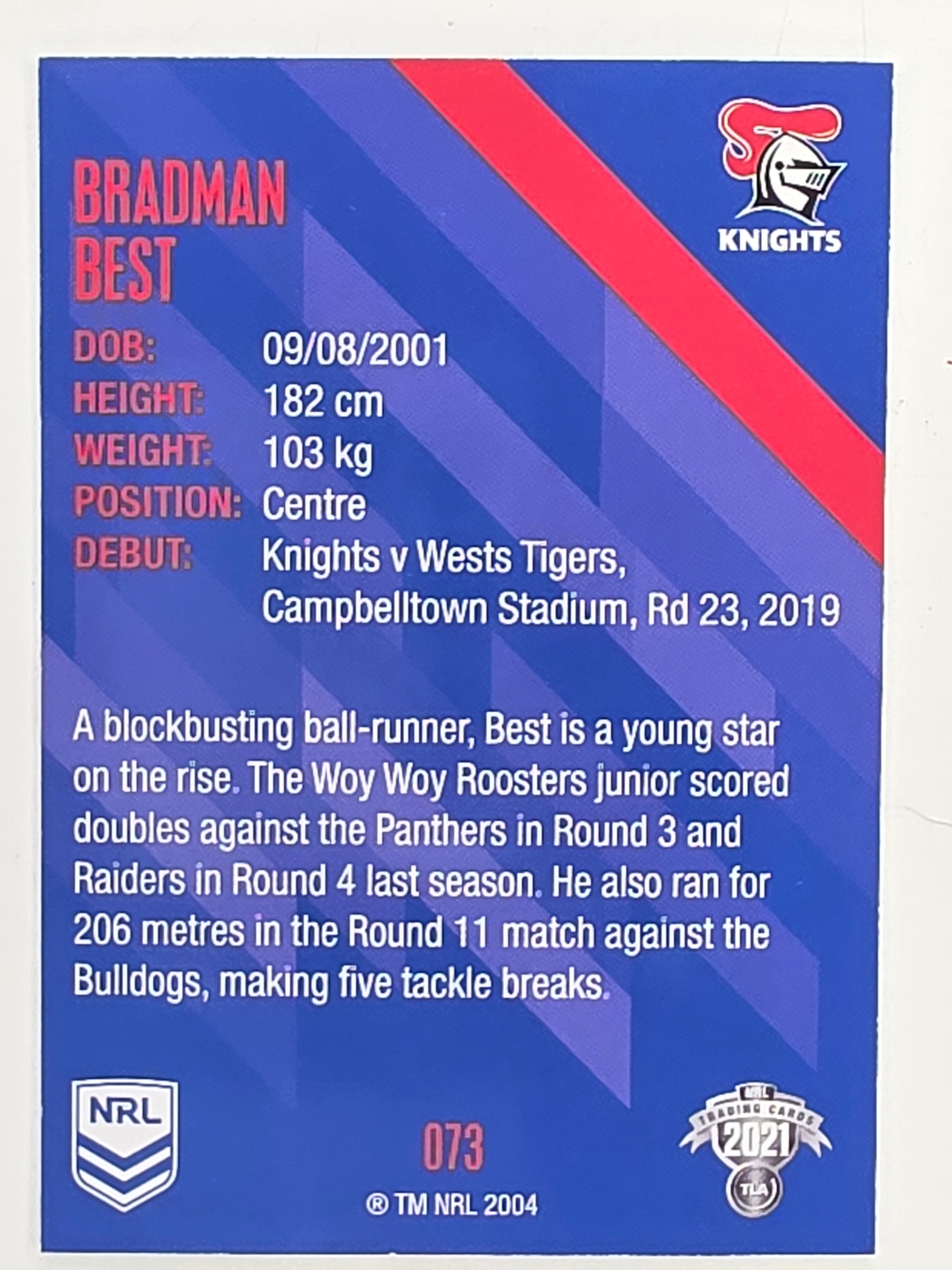 NRL 2021 Traders Base Card #073 Bradman Best Newcastle Knights