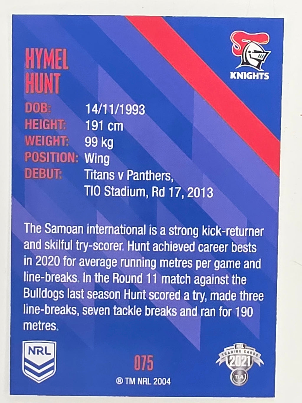 NRL 2021 Traders Base Card #075 Hymel Hunt Newcastle Knights