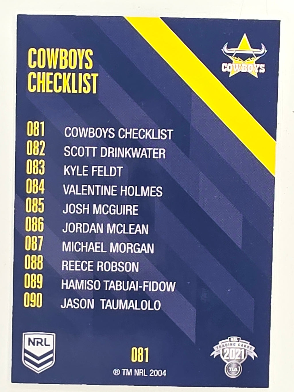 NRL 2021 Traders Base Card #081 Cowboys Checklist North Queensland Cowboys