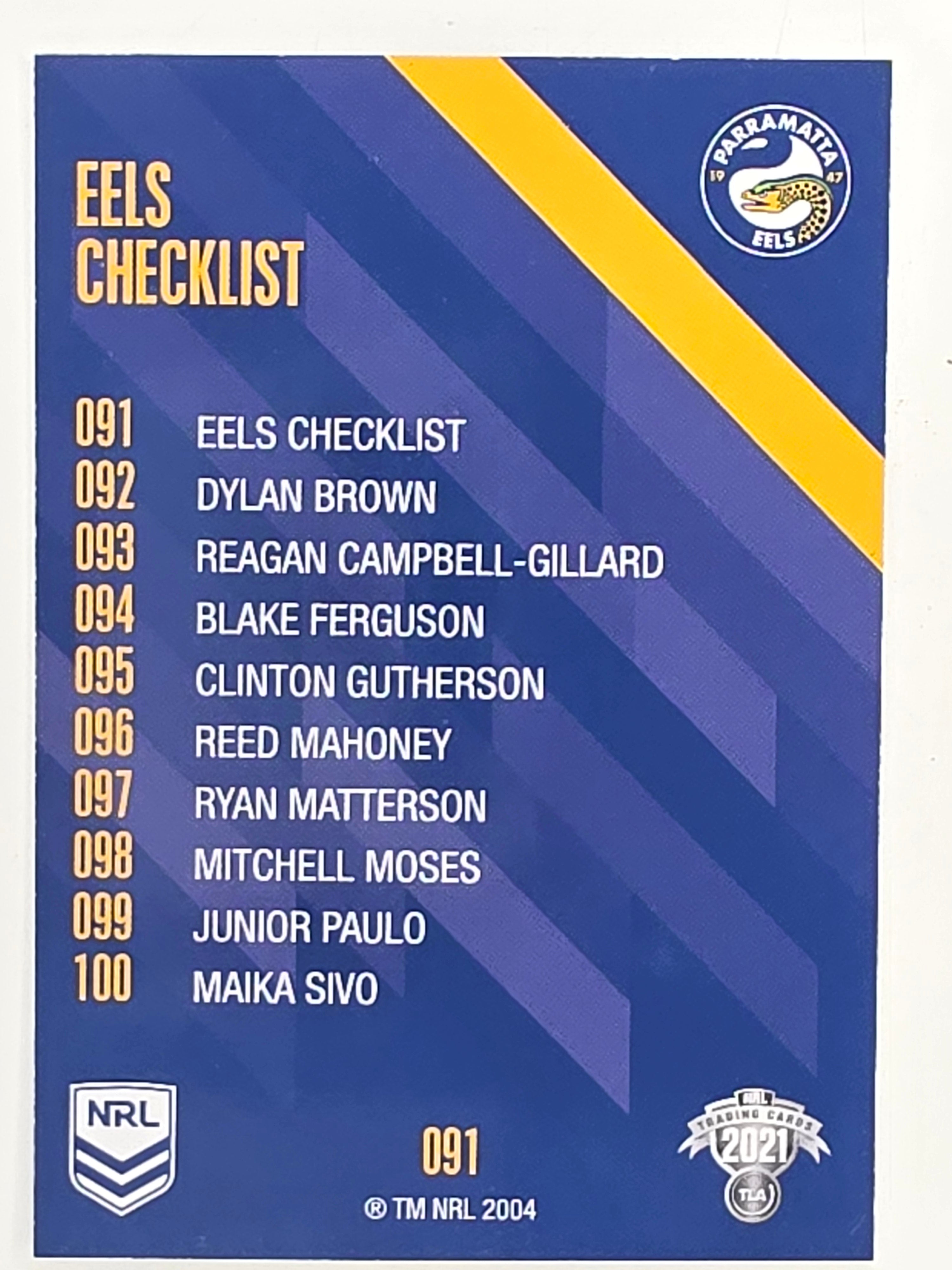 NRL 2021 Traders Base Card #091 Eels Checklist Parramatta Eels