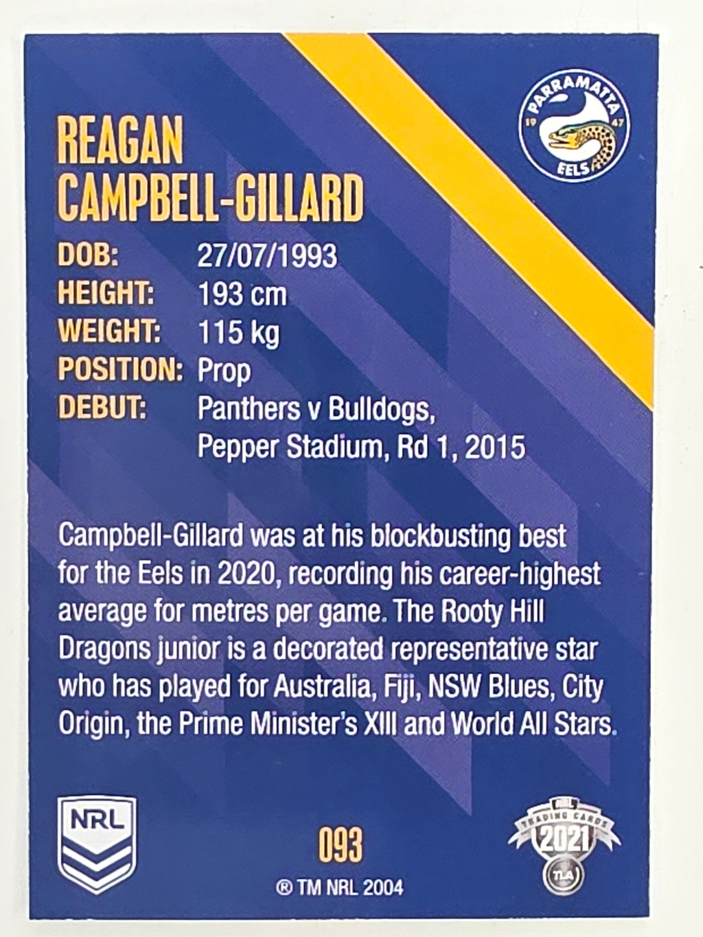 NRL 2021 Traders Base Card #093 Reagan Campbell-Gillard Parramatta Eels