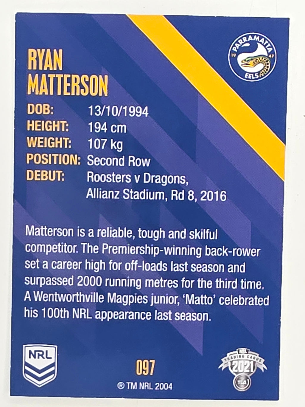 NRL 2021 Traders Base Card #097 Ryan Matterson Parramatta Eels
