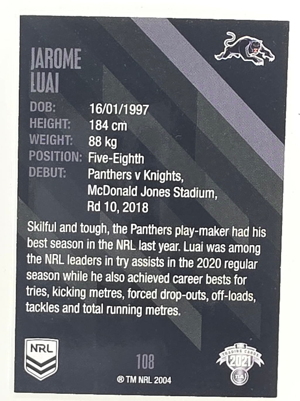NRL 2021 Traders Base Card #108 Jarome Luai Penrith Panthers