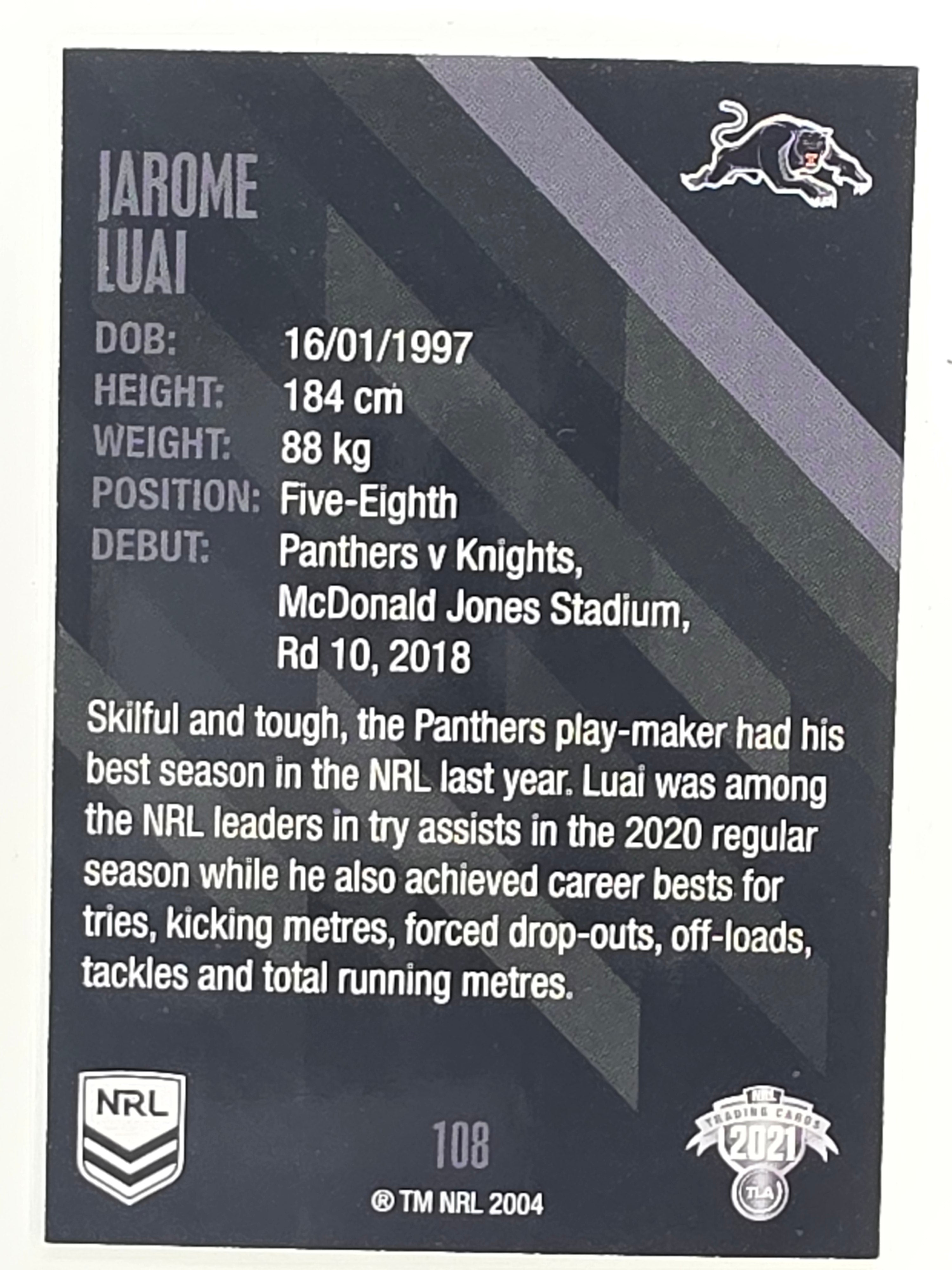 NRL 2021 Traders Base Card #108 Jarome Luai Penrith Panthers