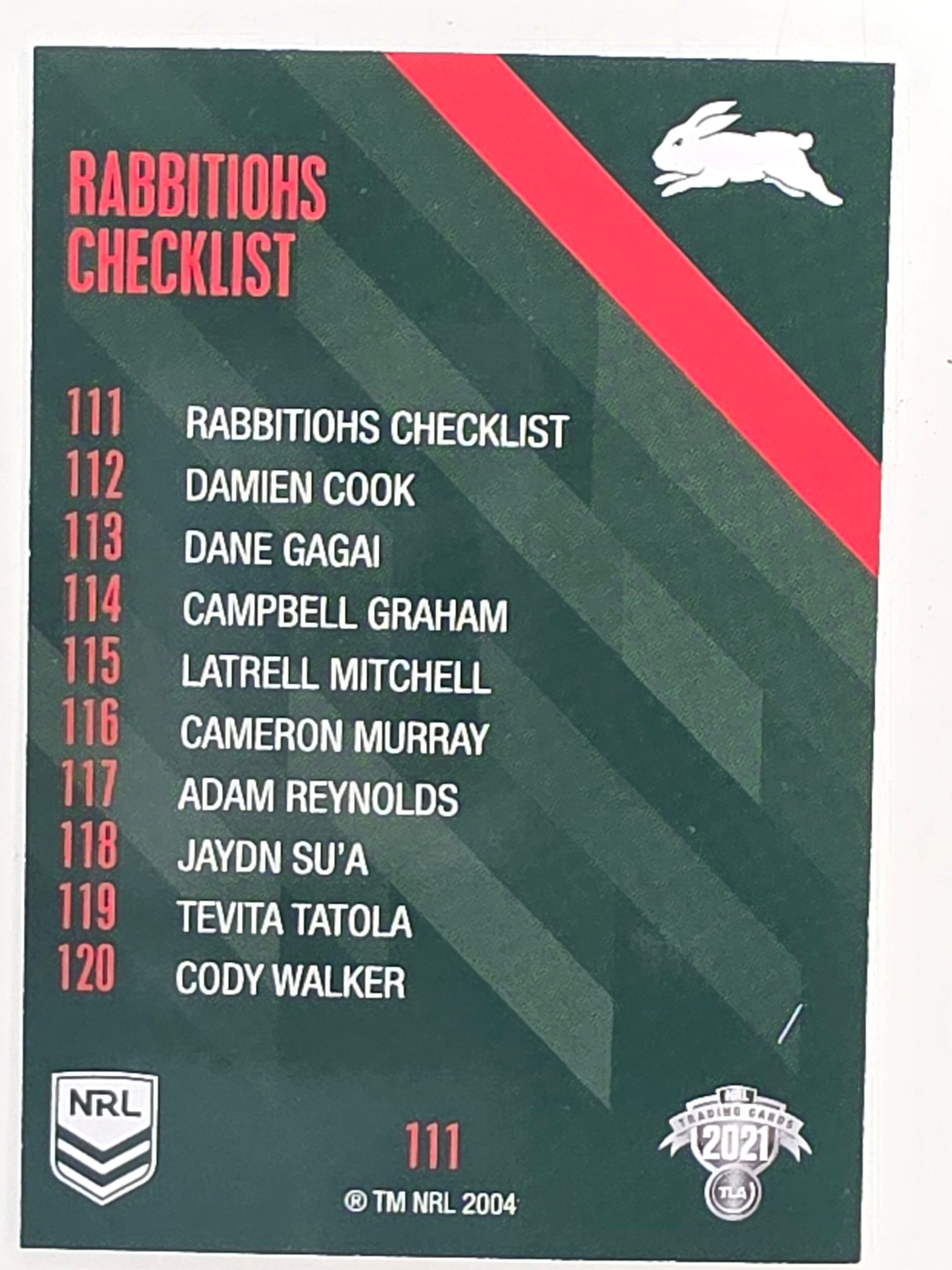 NRL 2021 Traders Base Card #111 Rabbitohs Checklist South Sydney Rabbitohs
