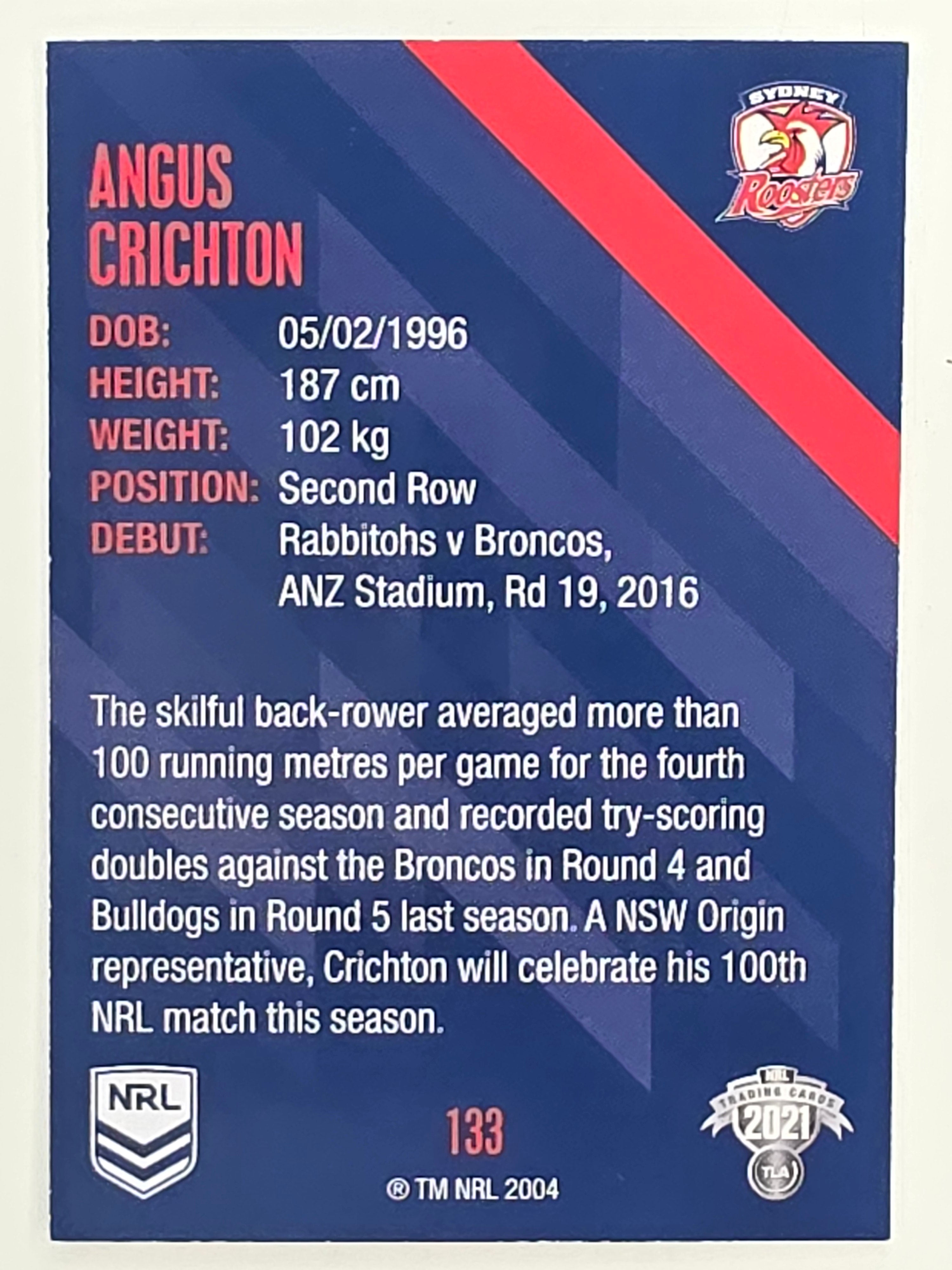 NRL 2021 Traders Base Card #133 Angus Crichton Sydney Roosters
