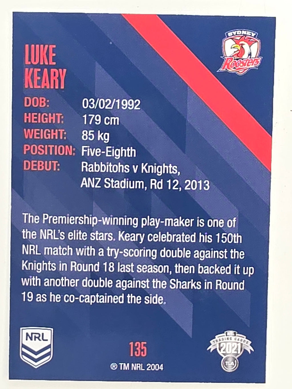 NRL 2021 Traders Base Card #135 Luke Keary Sydney Roosters