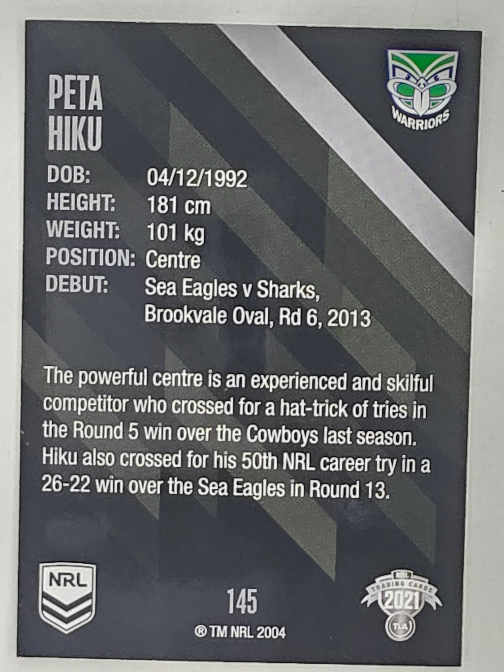 NRL 2021 Traders Base Card #145 Peta Hiku New Zealand Warriors