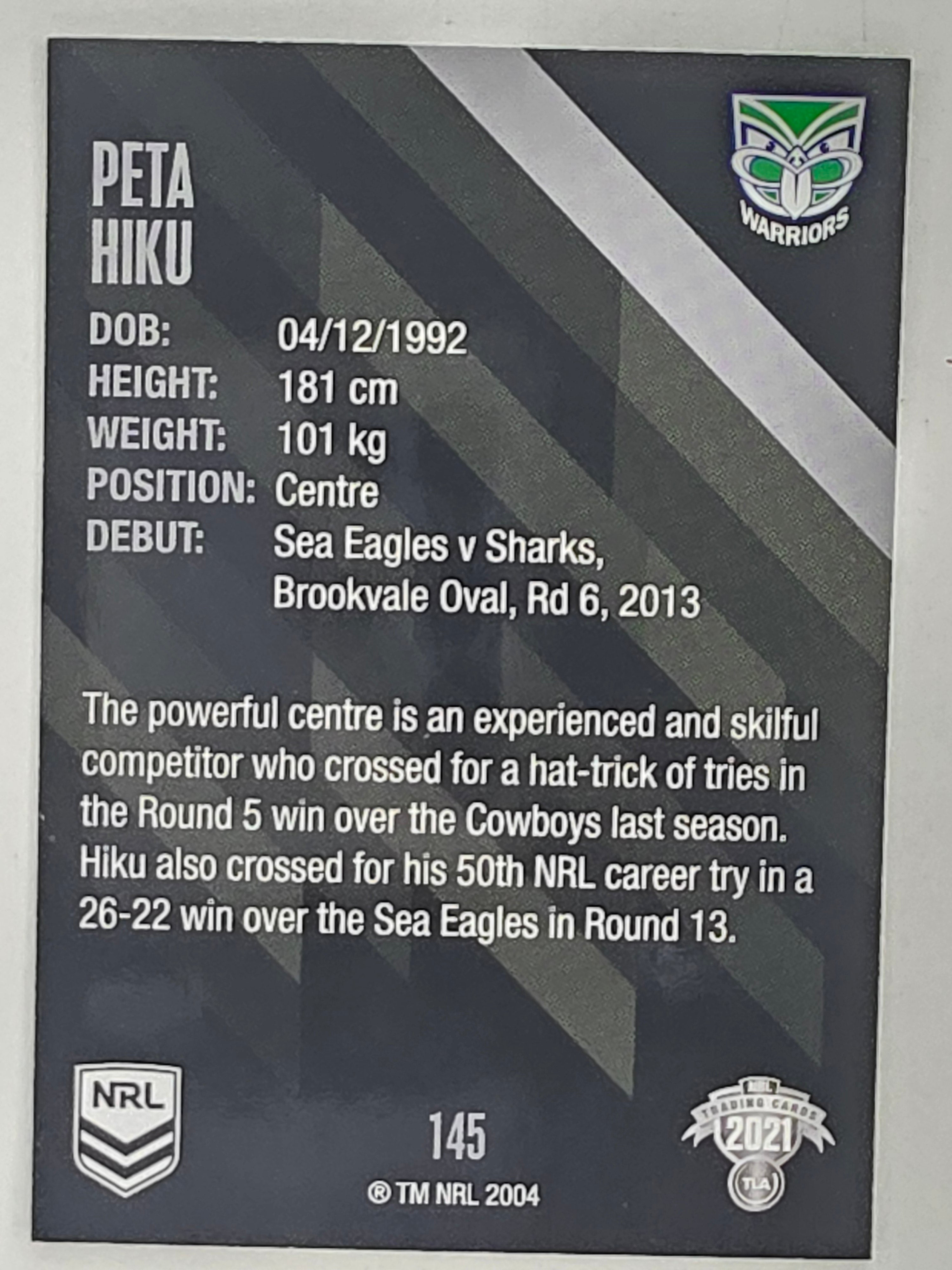 NRL 2021 Traders Base Card #145 Peta Hiku New Zealand Warriors