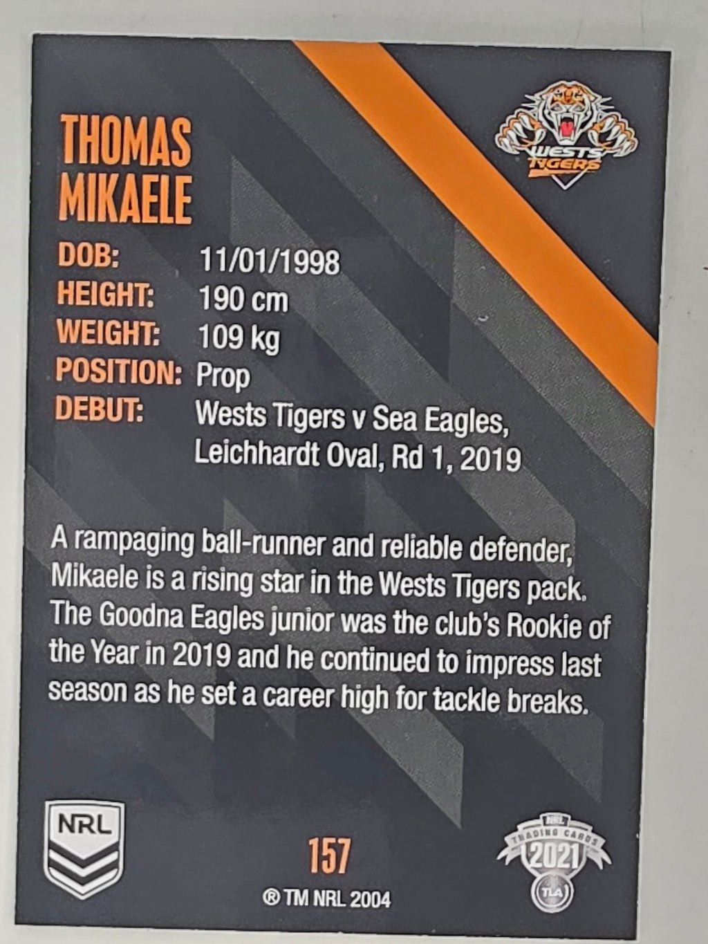 NRL 2021 Traders Base Card #157 Thomas Mikaele Wests Tigers
