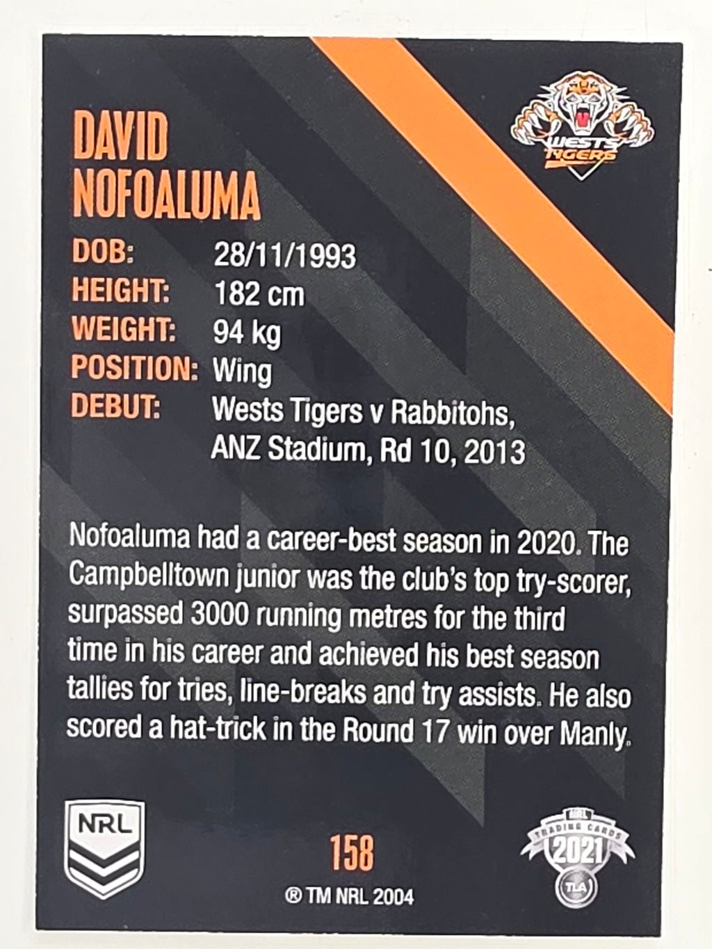 NRL 2021 Traders Base Card #158 David Nofoaluma Wests Tigers