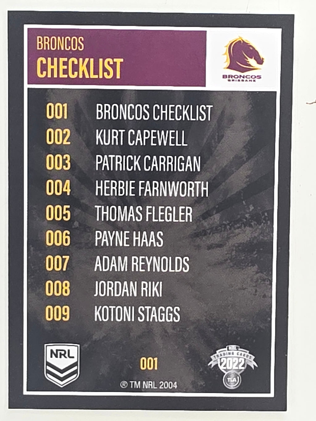 NRL 2022 Elite Base Card #001 Broncos Checklist Brisbane Broncos