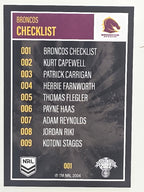 NRL 2022 Elite Base Card #001 Broncos Checklist Brisbane Broncos