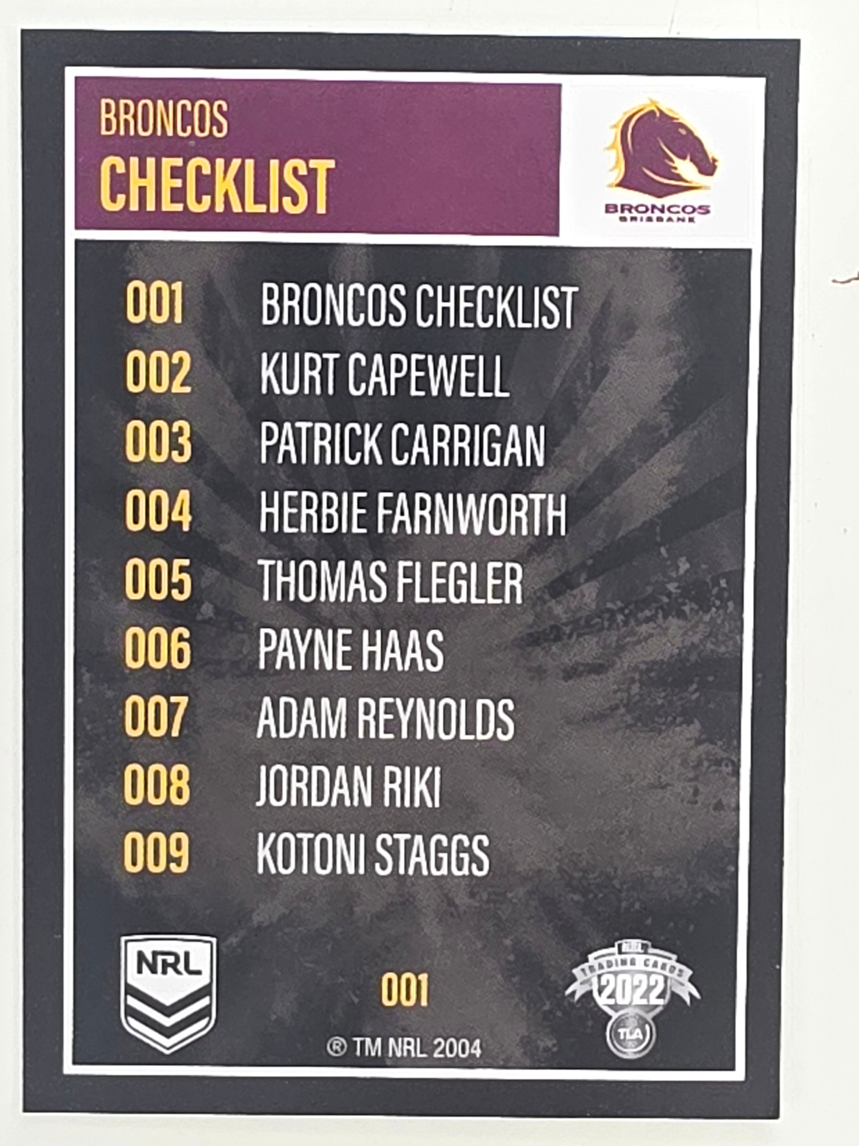 NRL 2022 Elite Base Card #001 Broncos Checklist Brisbane Broncos