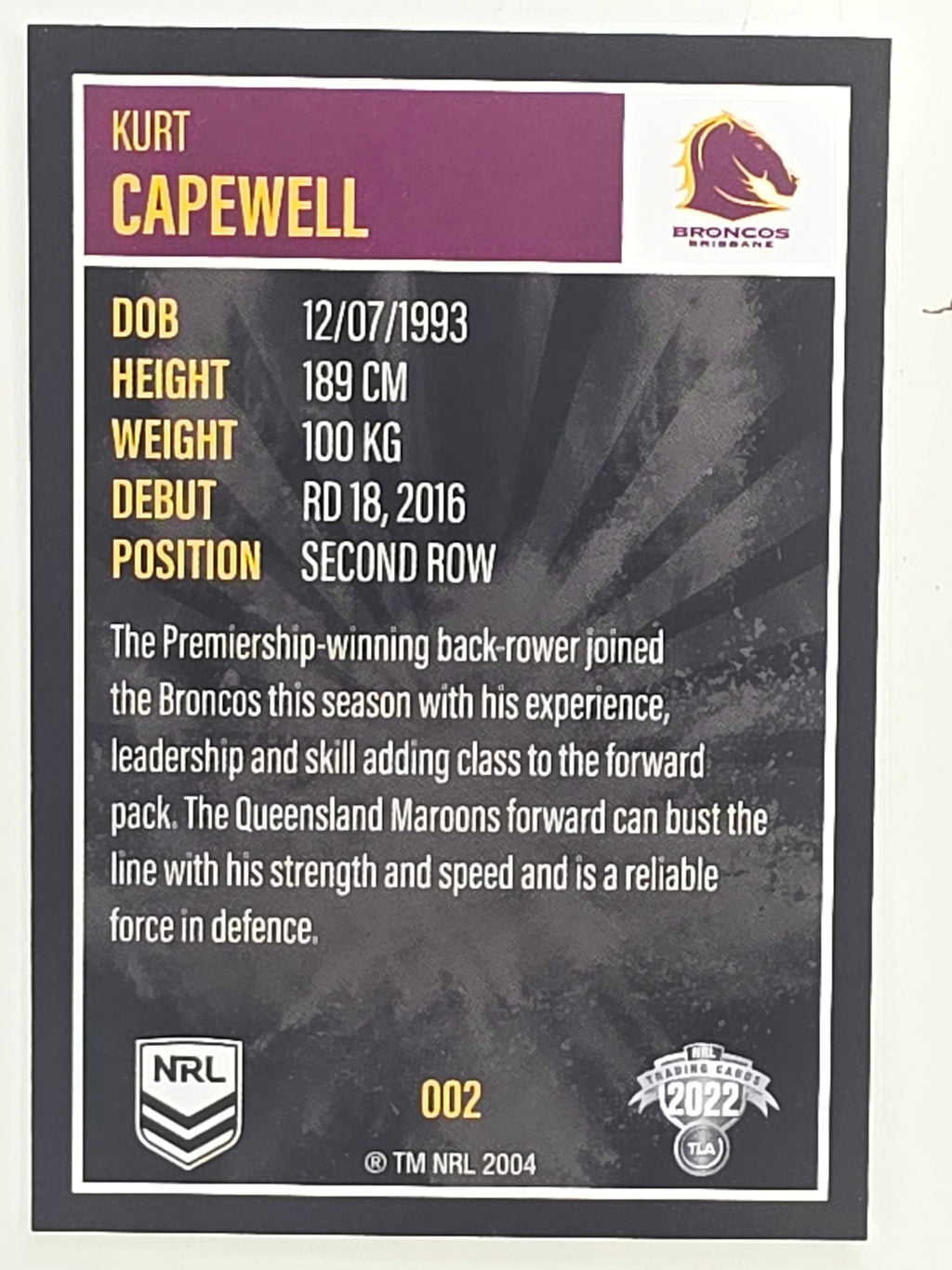 NRL 2022 Elite Base Card #002 Kurt Capewell Brisbane Broncos