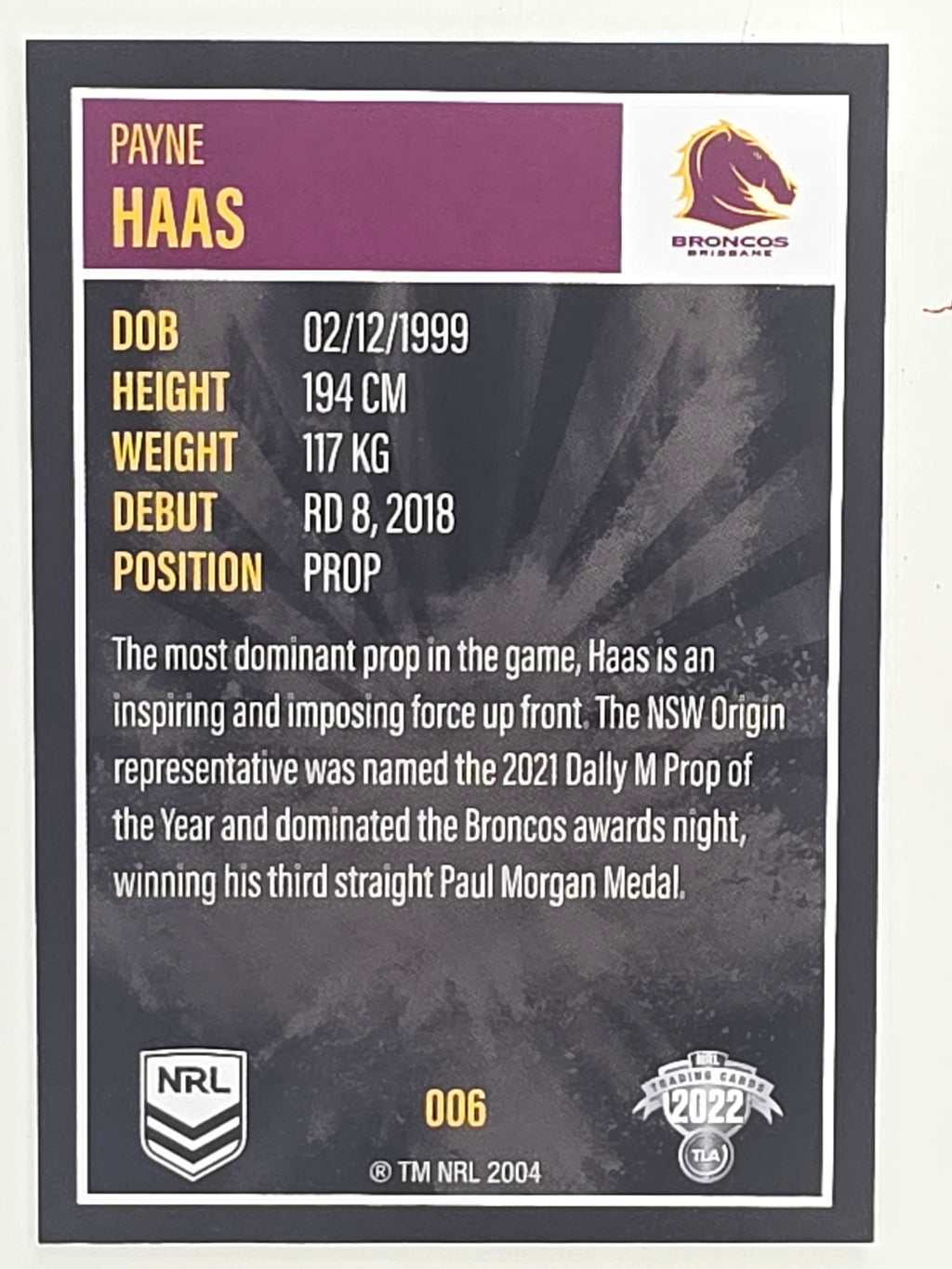 NRL 2022 Elite Base Card #006 Payne Haas Brisbane Broncos
