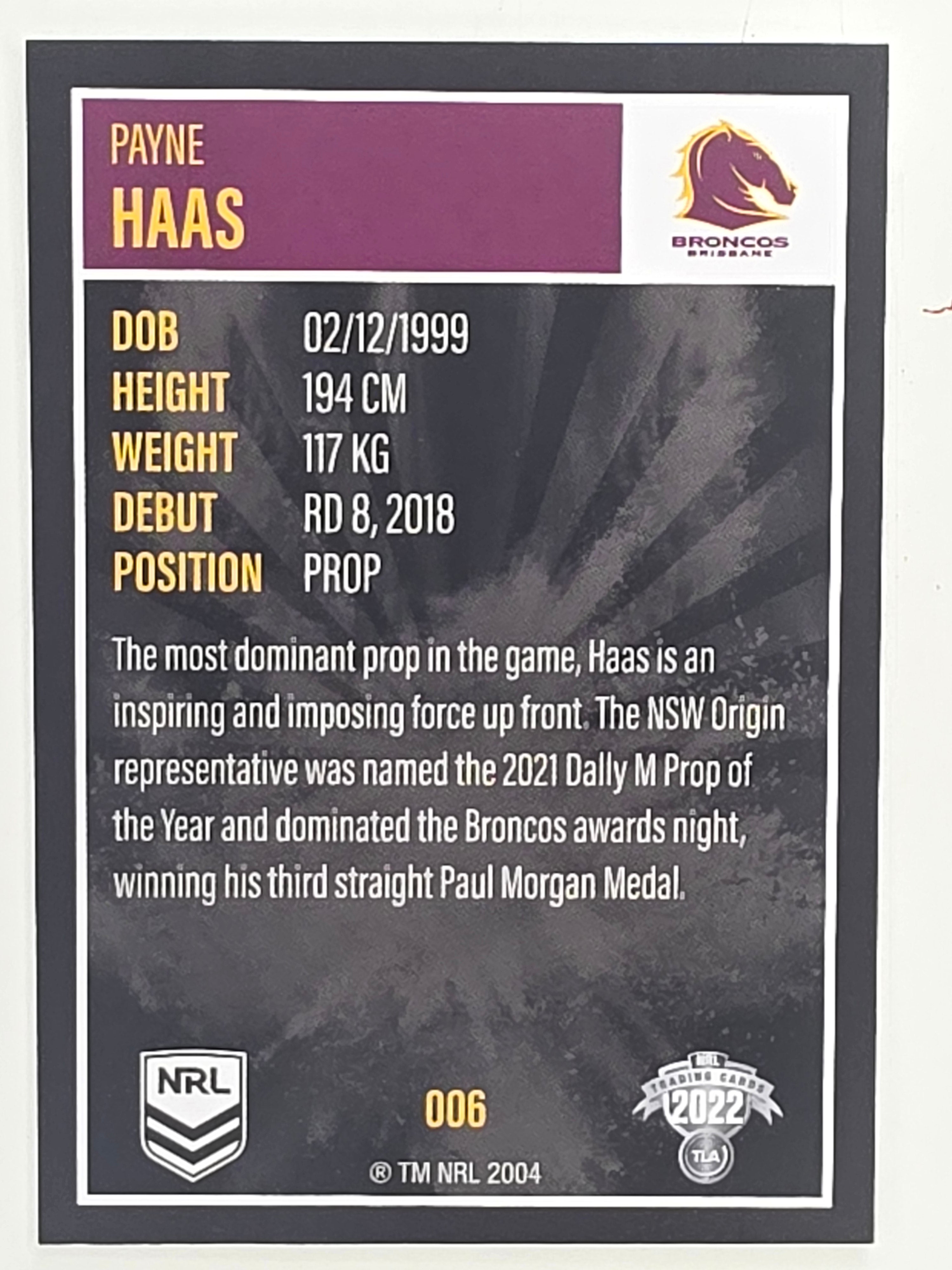 NRL 2022 Elite Base Card #006 Payne Haas Brisbane Broncos