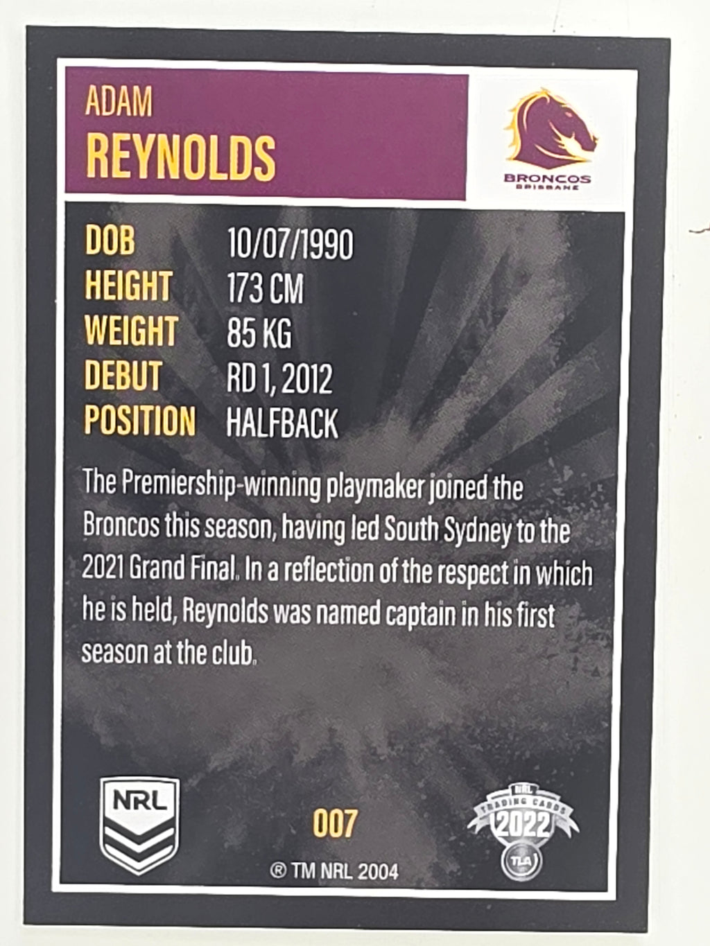NRL 2022 Elite Base Card #007 Adam Reynolds Brisbane Broncos