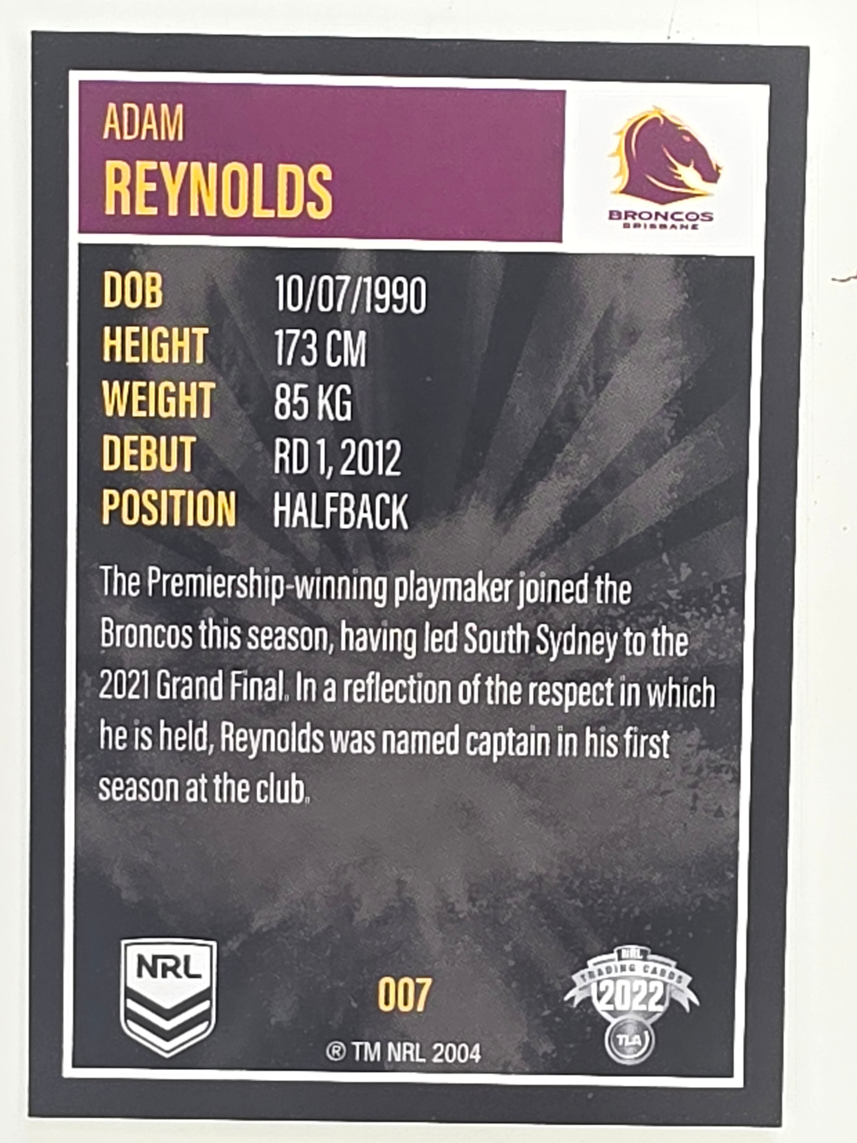 NRL 2022 Elite Base Card #007 Adam Reynolds Brisbane Broncos