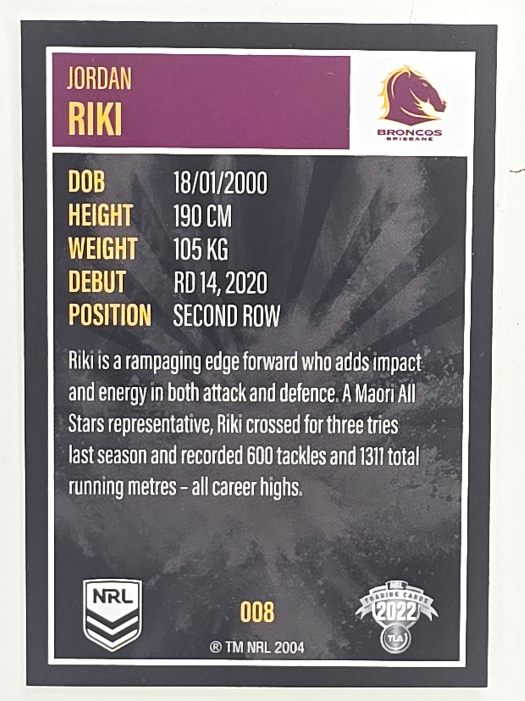 NRL 2022 Elite Base Card #008 Jordan Riki Brisbane Broncos