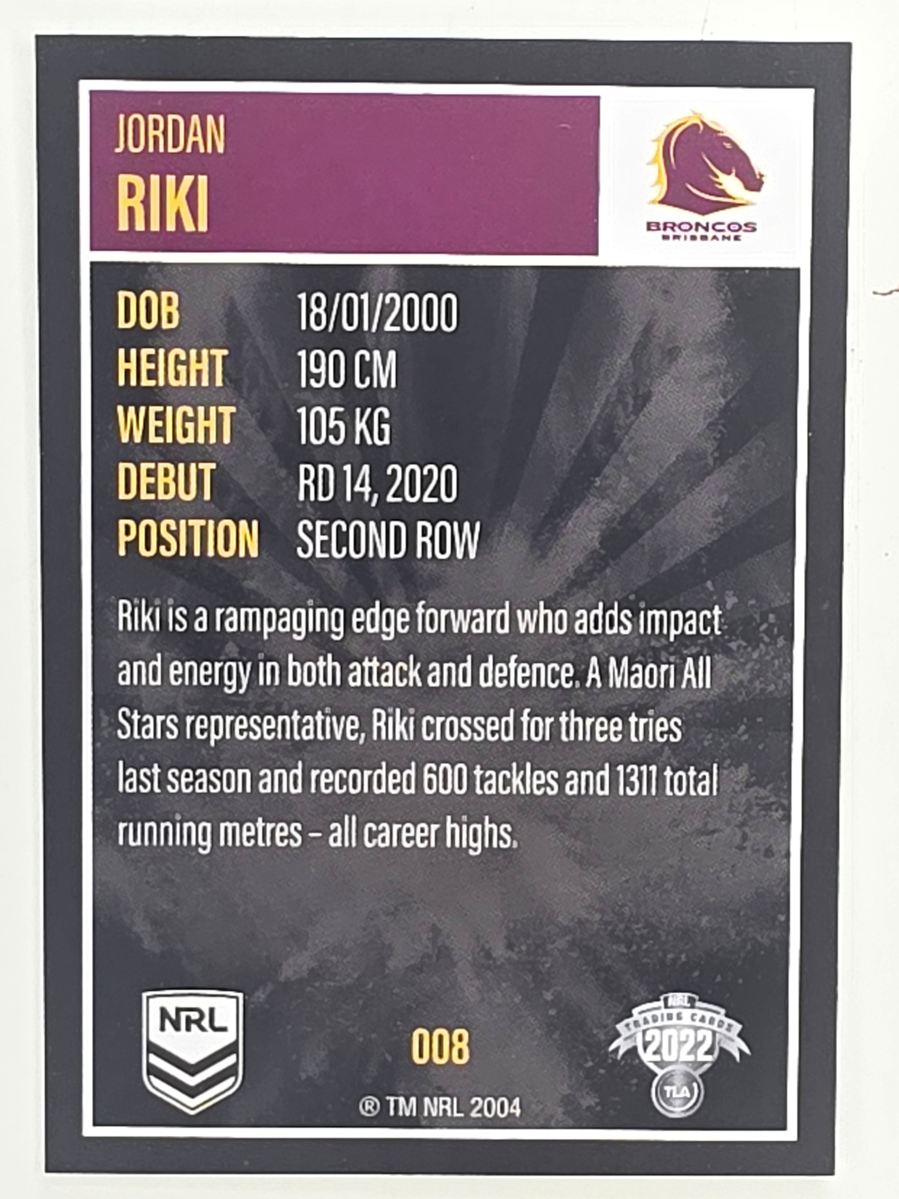 NRL 2022 Elite Base Card #008 Jordan Riki Brisbane Broncos