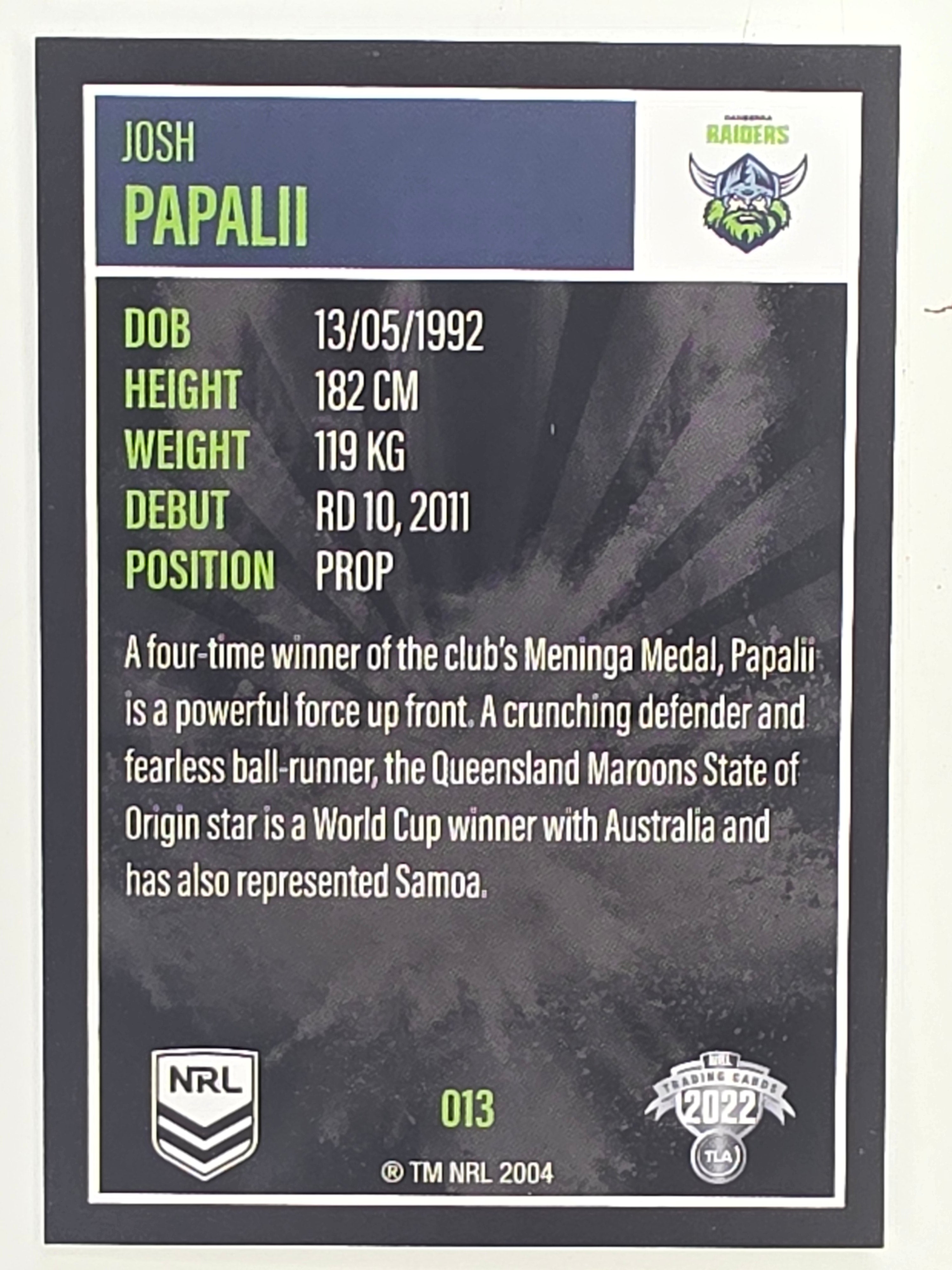 NRL 2022 Elite Base Card #013 Josh Papalii Canberra Raiders