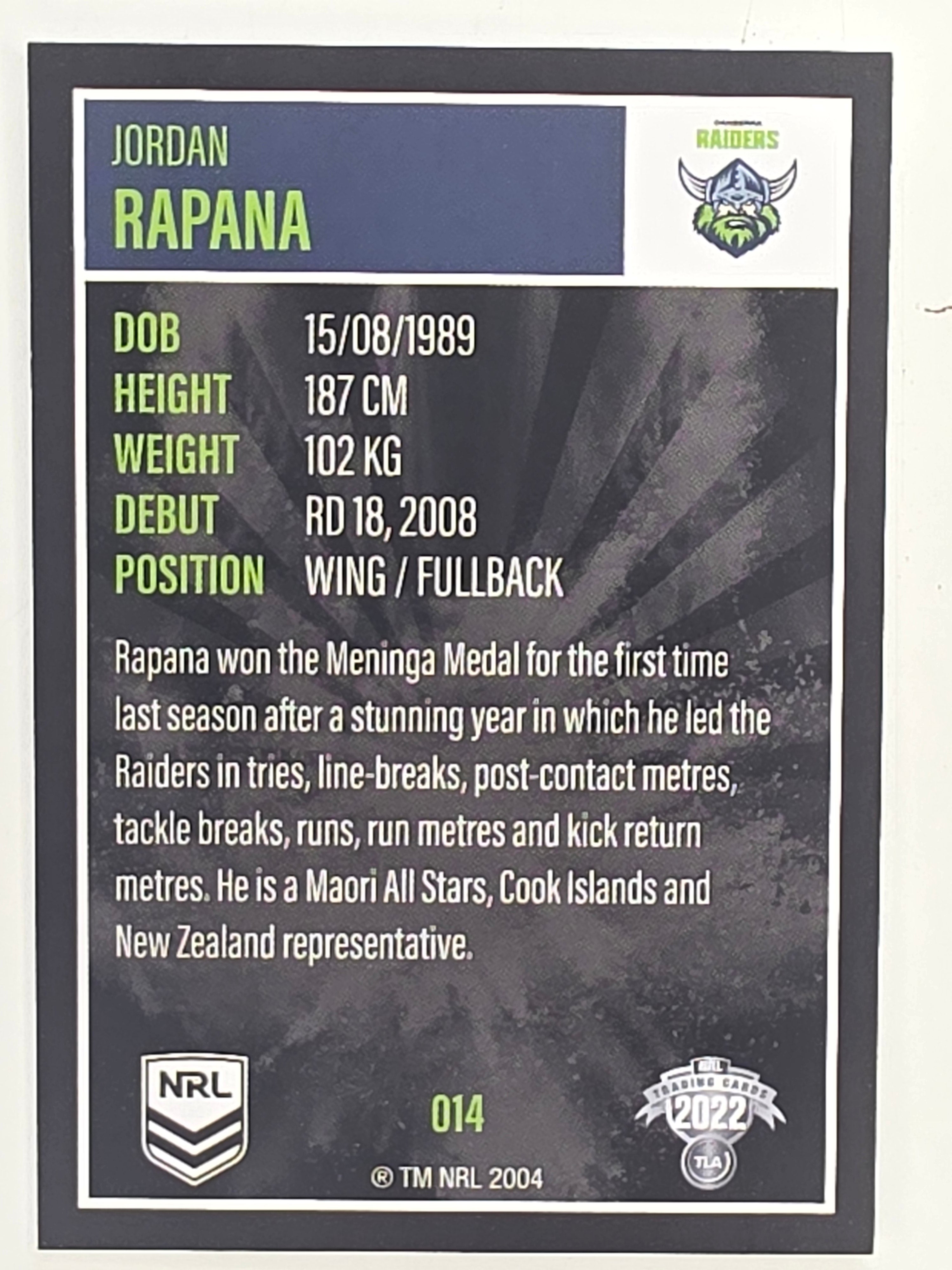 NRL 2022 Elite Base Card #014 Jordan Rapana Canberra Raiders