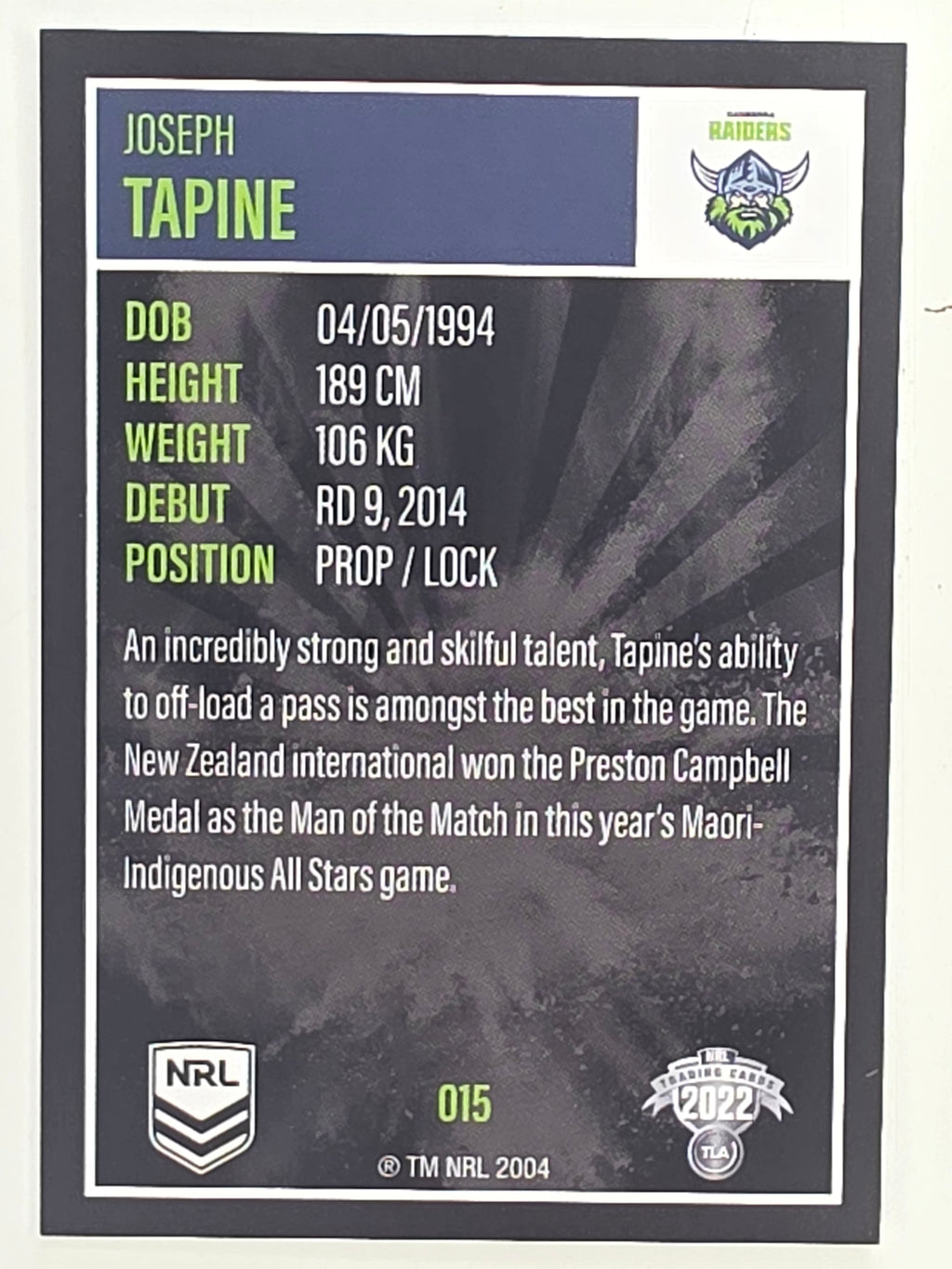 NRL 2022 Elite Base Card #015 Joseph Tapine Canberra Raiders