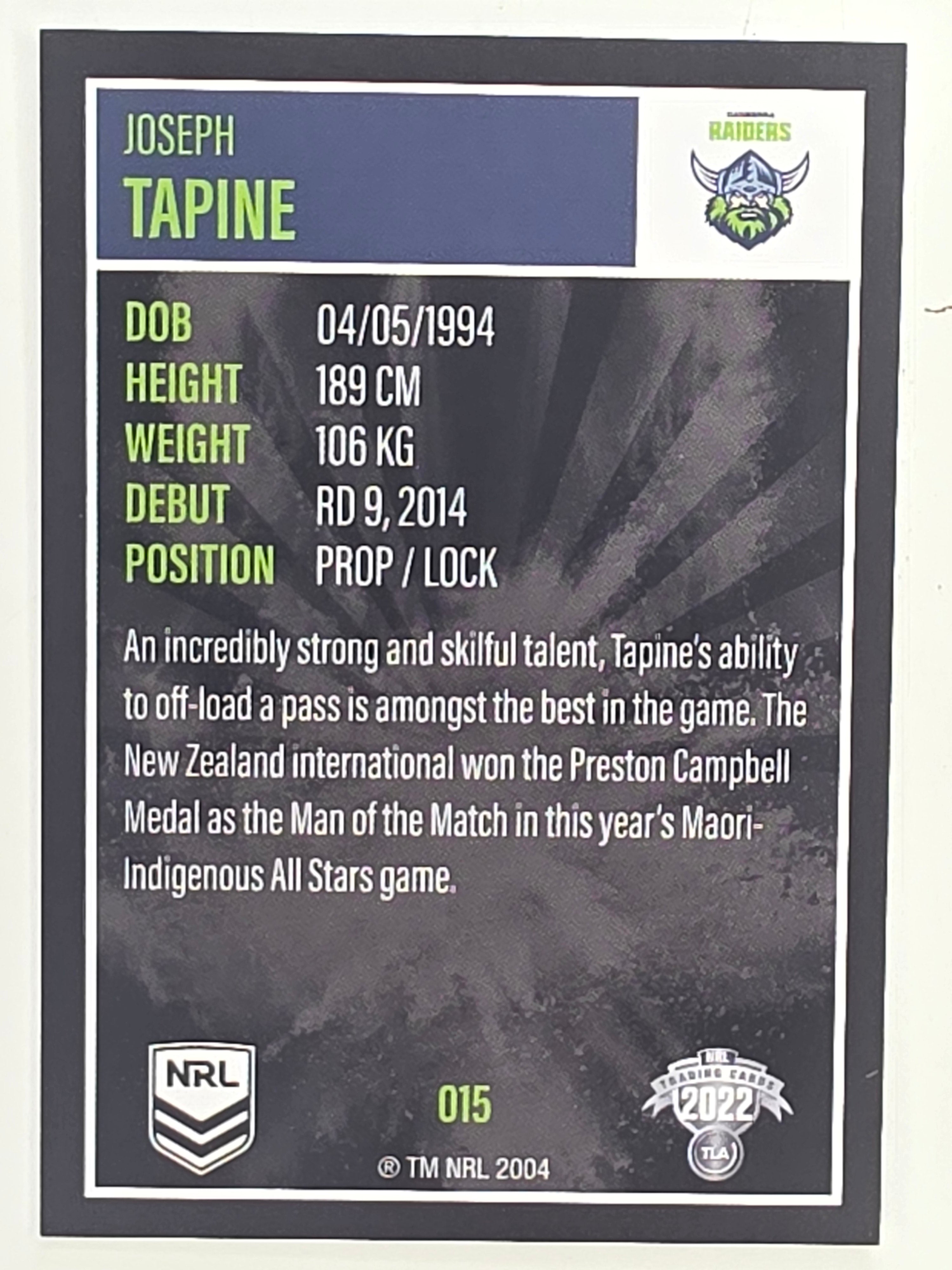 NRL 2022 Elite Base Card #015 Joseph Tapine Canberra Raiders