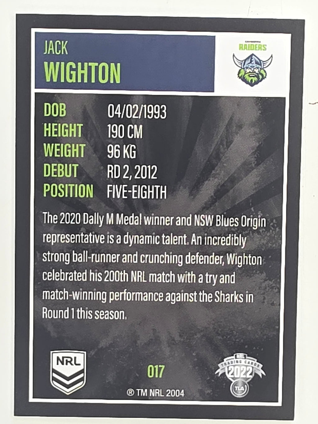 NRL 2022 Elite Base Card #017 Jack Wighton Canberra Raiders