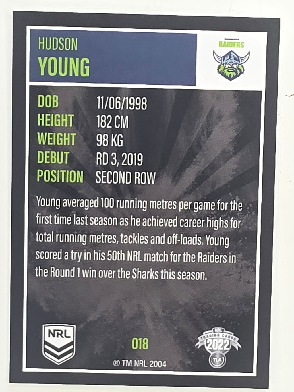 NRL 2022 Elite Base Card #018 Hudson Young Canberra Raiders