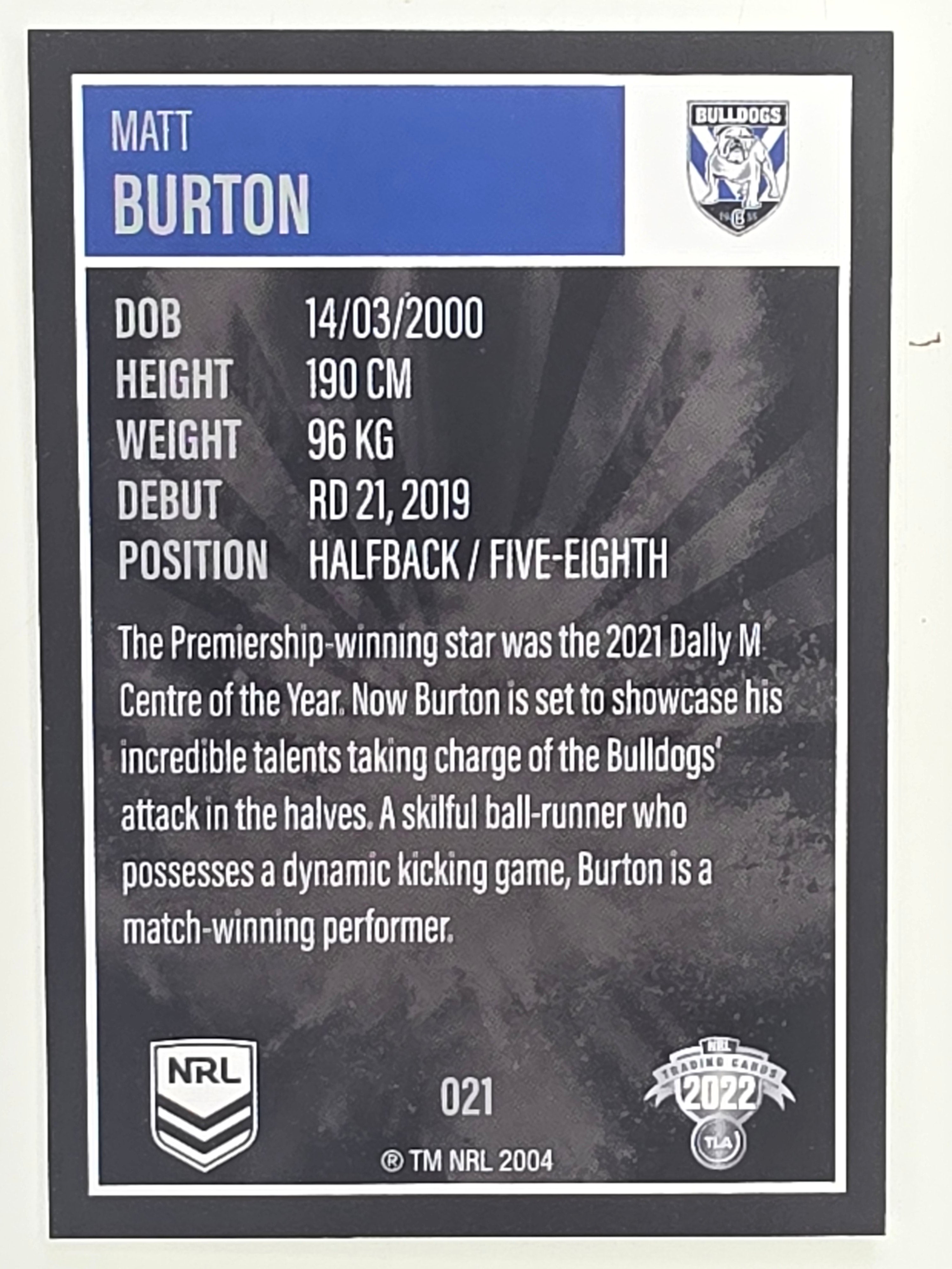 NRL 2022 Elite Base Card #021 Matt Burton Canterbury Bankstown Bulldogs
