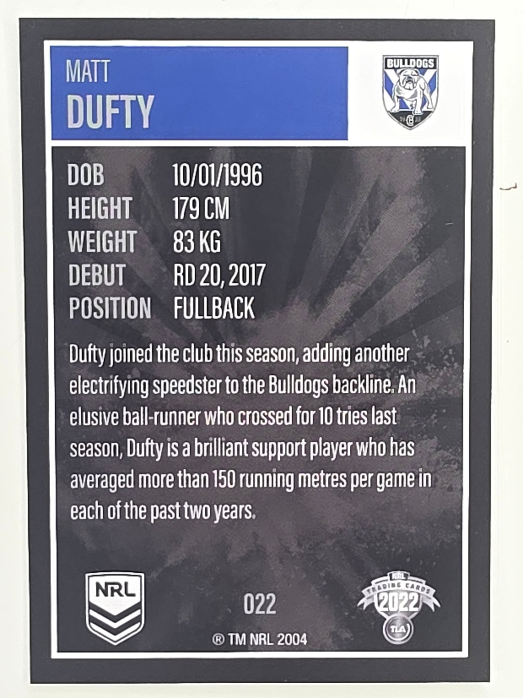 NRL 2022 Elite Base Card #022 Matt Dufty Canterbury Bankstown Bulldogs