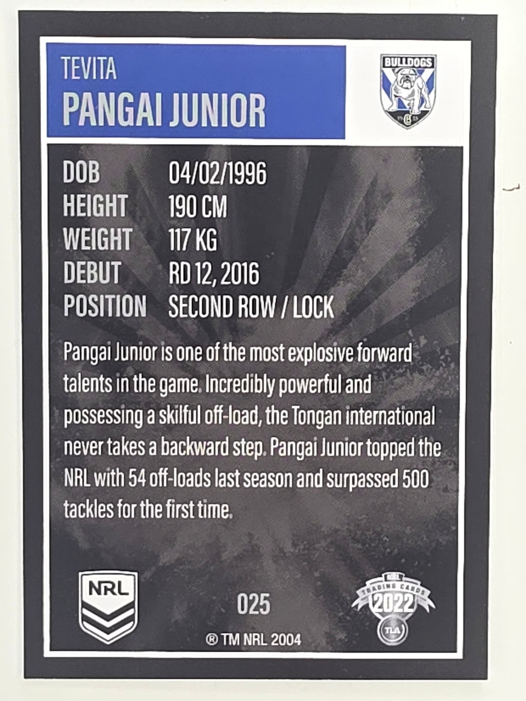 NRL 2022 Elite Base Card #025 Tevita Pangai Junior Canterbury Bankstown Bulldogs