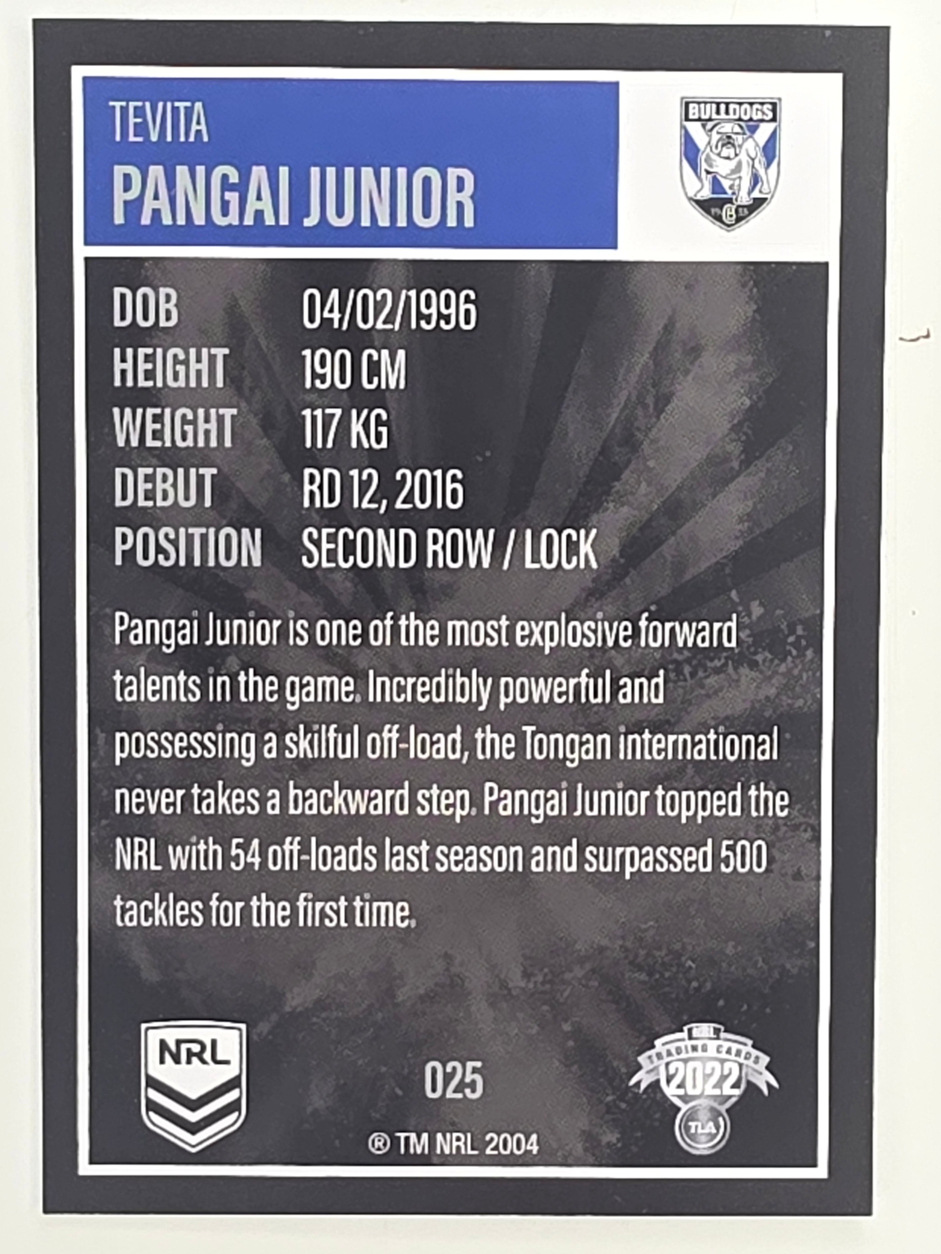 NRL 2022 Elite Base Card #025 Tevita Pangai Junior Canterbury Bankstown Bulldogs